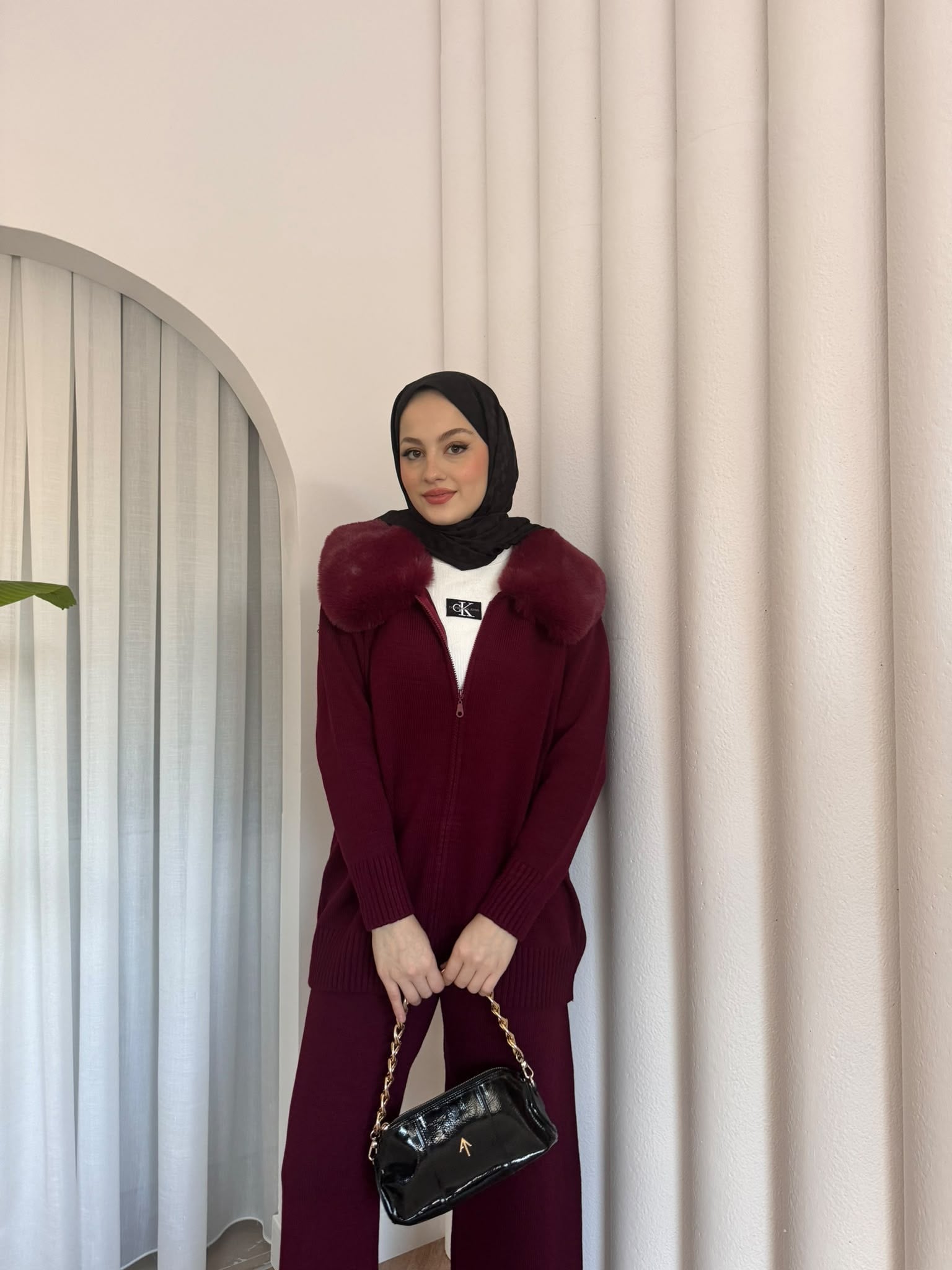 MEYSADESIGN TESETTÜR TRİKO Seyyar Kürk Yakalı Triko Takım Bordo