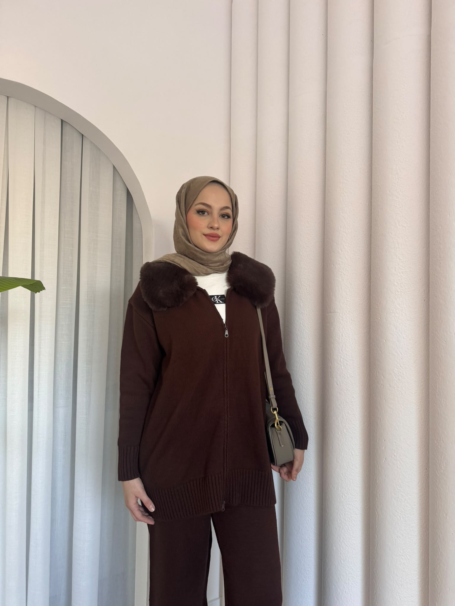 MEYSADESIGN TESETTÜR TRİKO Seyyar Kürk Yakalı Triko Takım Acı Kahve