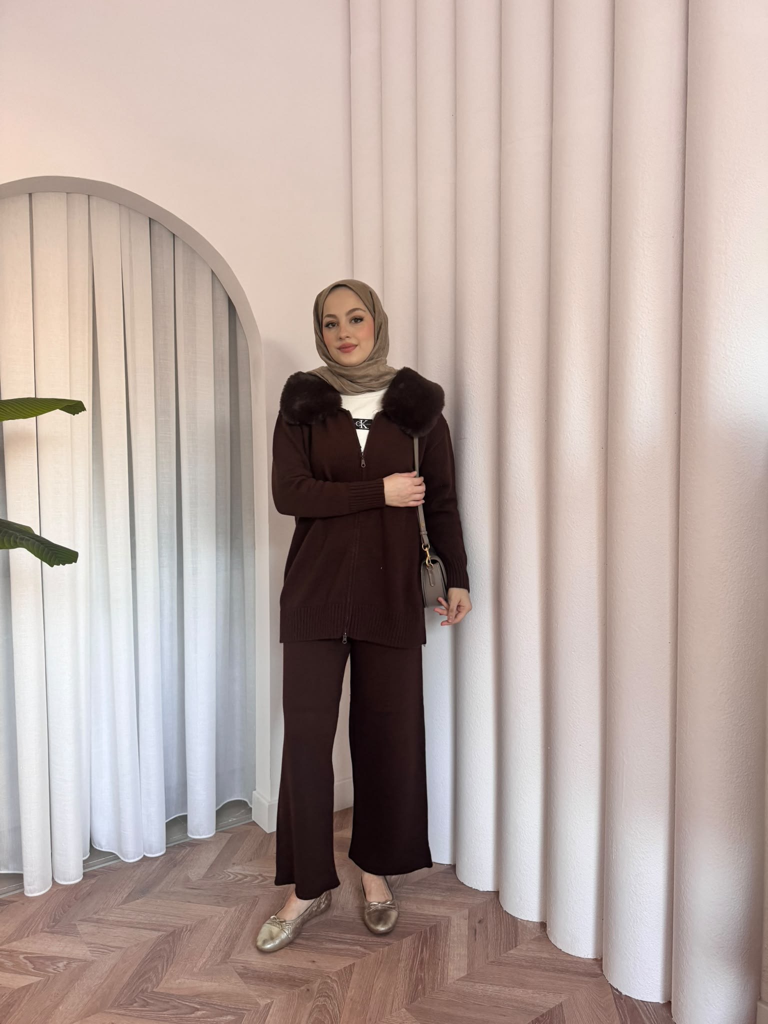 MEYSADESIGN TESETTÜR TRİKO Seyyar Kürk Yakalı Triko Takım Acı Kahve