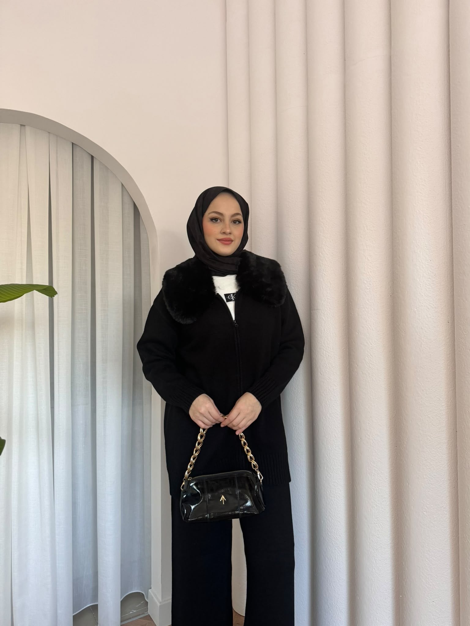 MEYSADESIGN TESETTÜR TRİKO Seyyar Kürk Yakalı Triko Takım Siyah