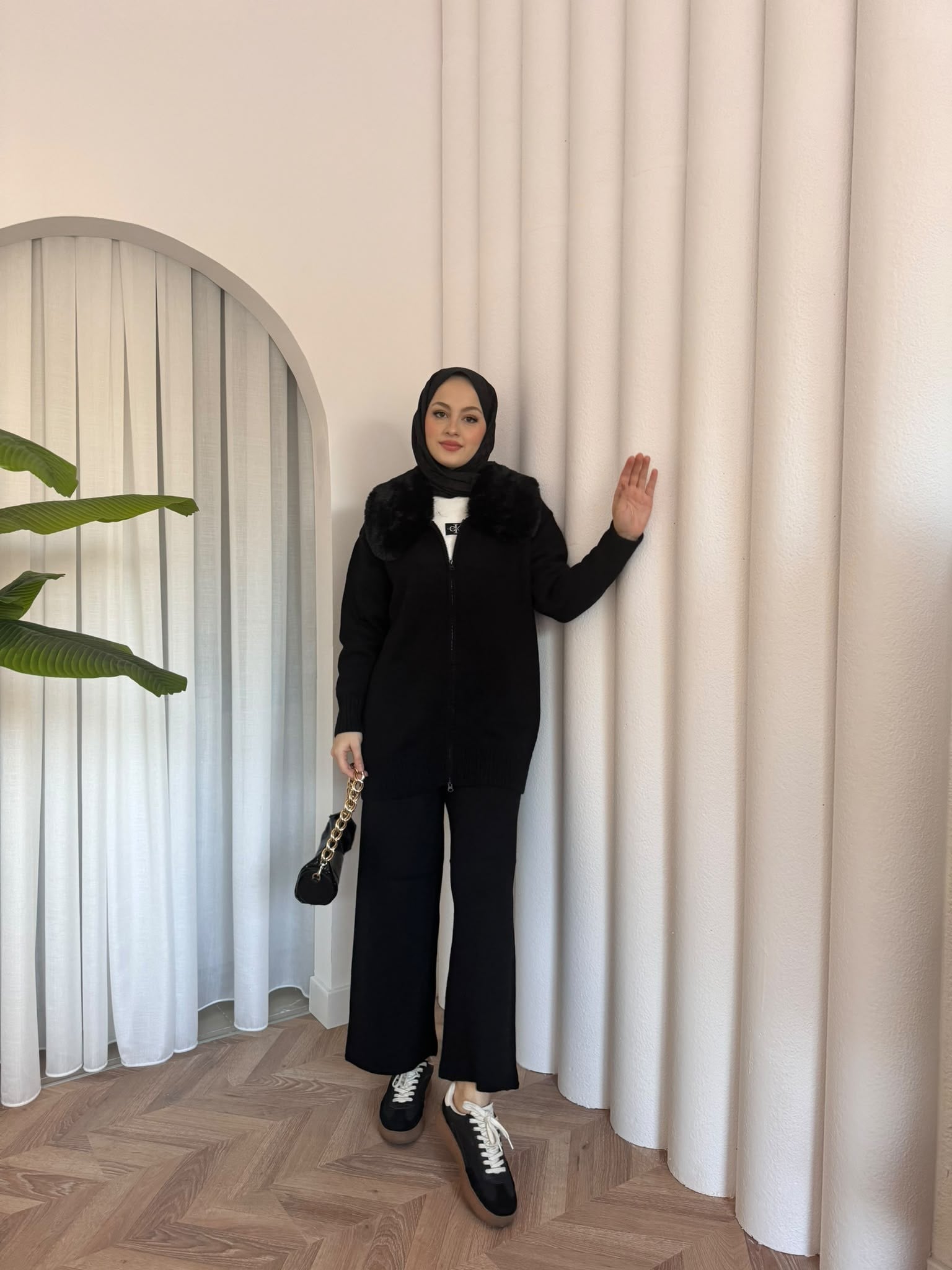 MEYSADESIGN TESETTÜR TRİKO Seyyar Kürk Yakalı Triko Takım Siyah