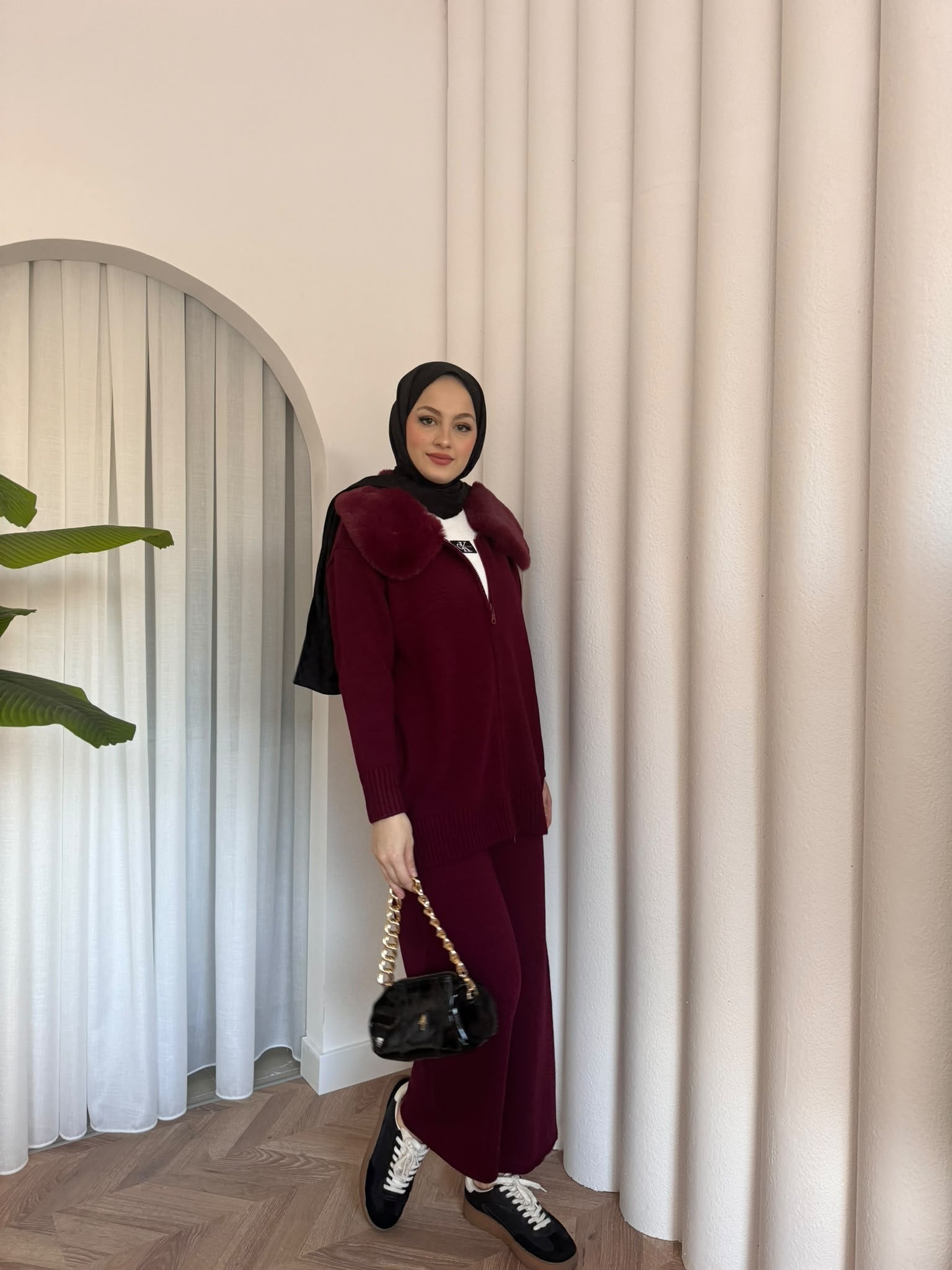 MEYSADESIGN TESETTÜR TRİKO Seyyar Kürk Yakalı Triko Takım Bordo