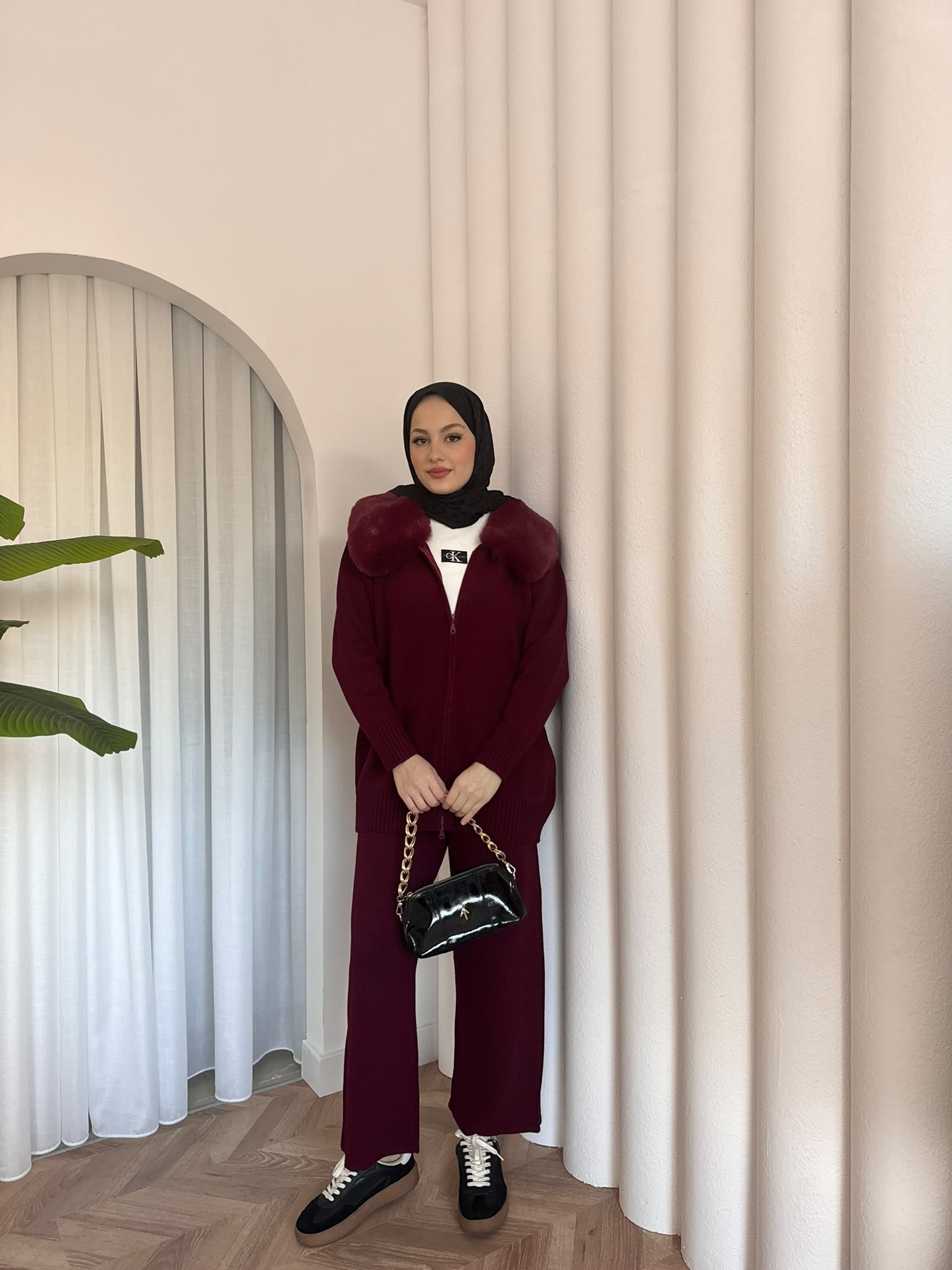MEYSADESIGN TESETTÜR TRİKO Seyyar Kürk Yakalı Triko Takım Bordo