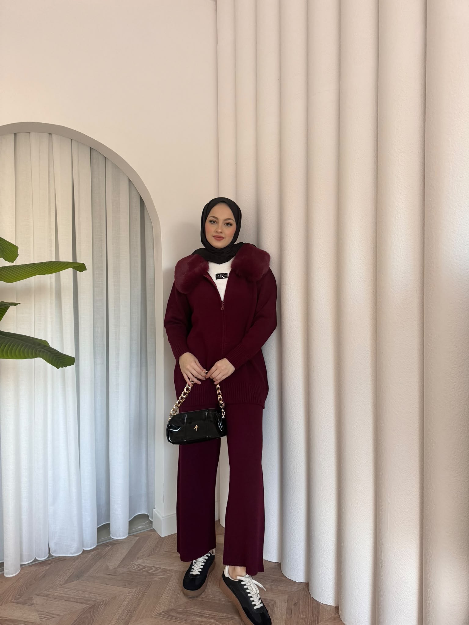 MEYSADESIGN TESETTÜR TRİKO Seyyar Kürk Yakalı Triko Takım Bordo