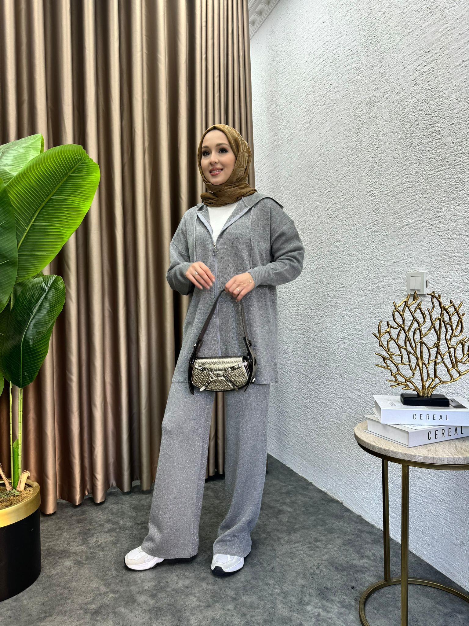 MEYSADESIGN TESETTÜR TRİKO Simli Fermuarlı Triko Takım Antrasit