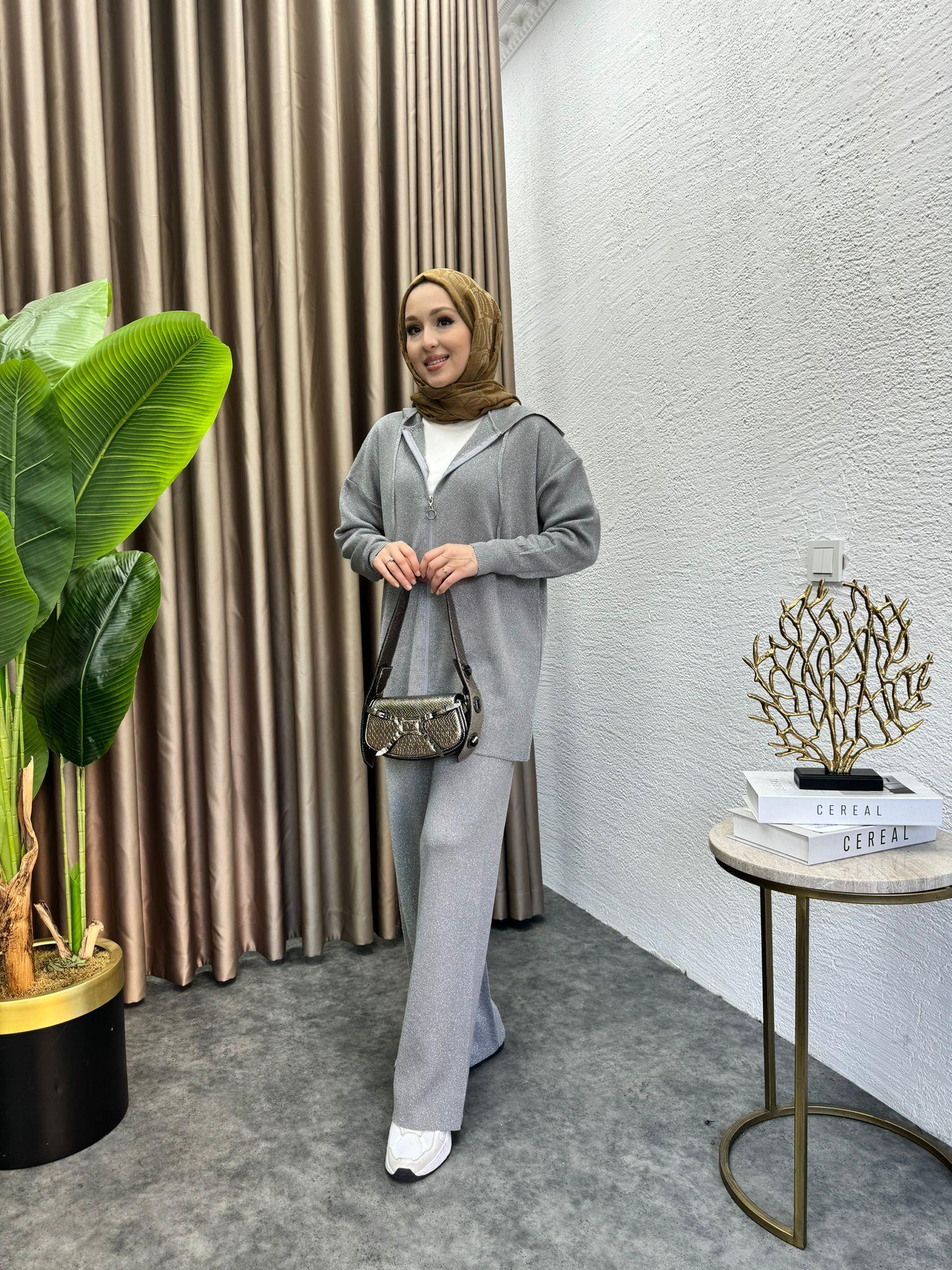 MEYSADESIGN TESETTÜR TRİKO Simli Fermuarlı Triko Takım Antrasit