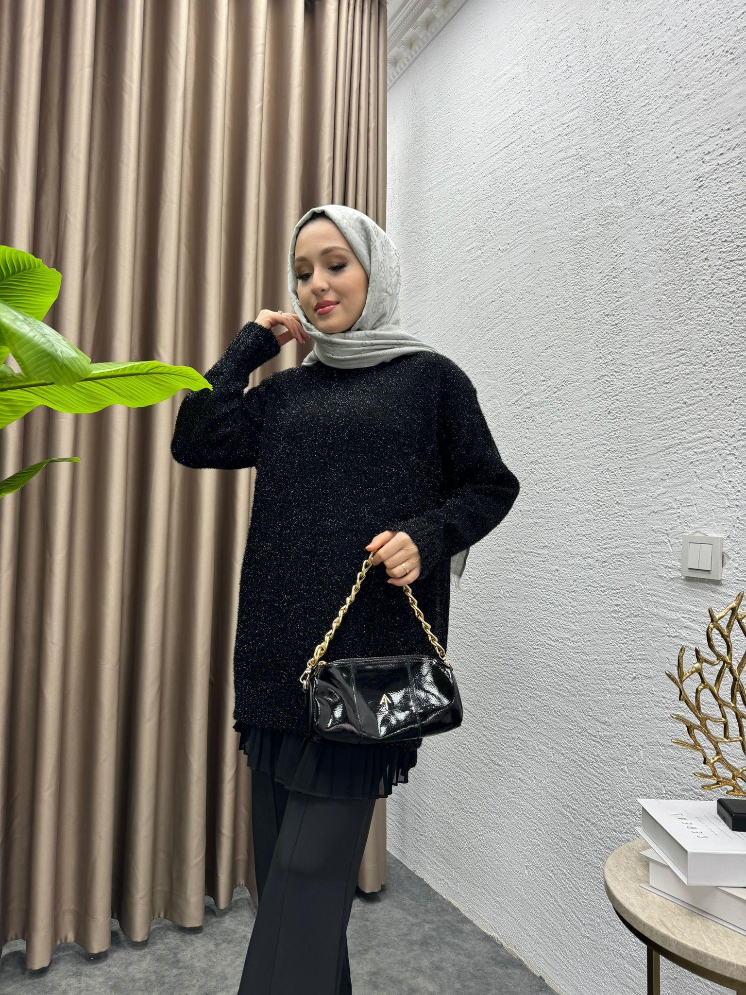MEYSADESIGN TESETTÜR TRİKO Simli Triko Kazak Siyah