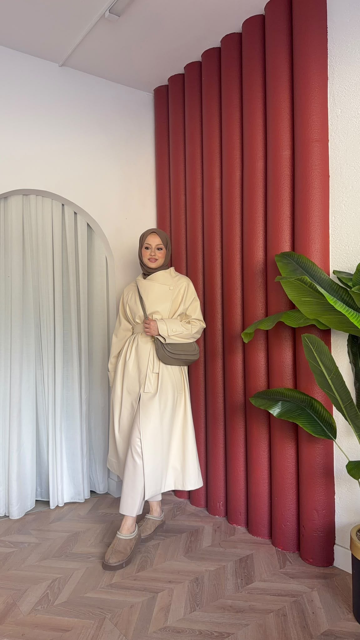 MEYSADESIGN TRENCKOT Asimetrik Deri Trençkot Bej