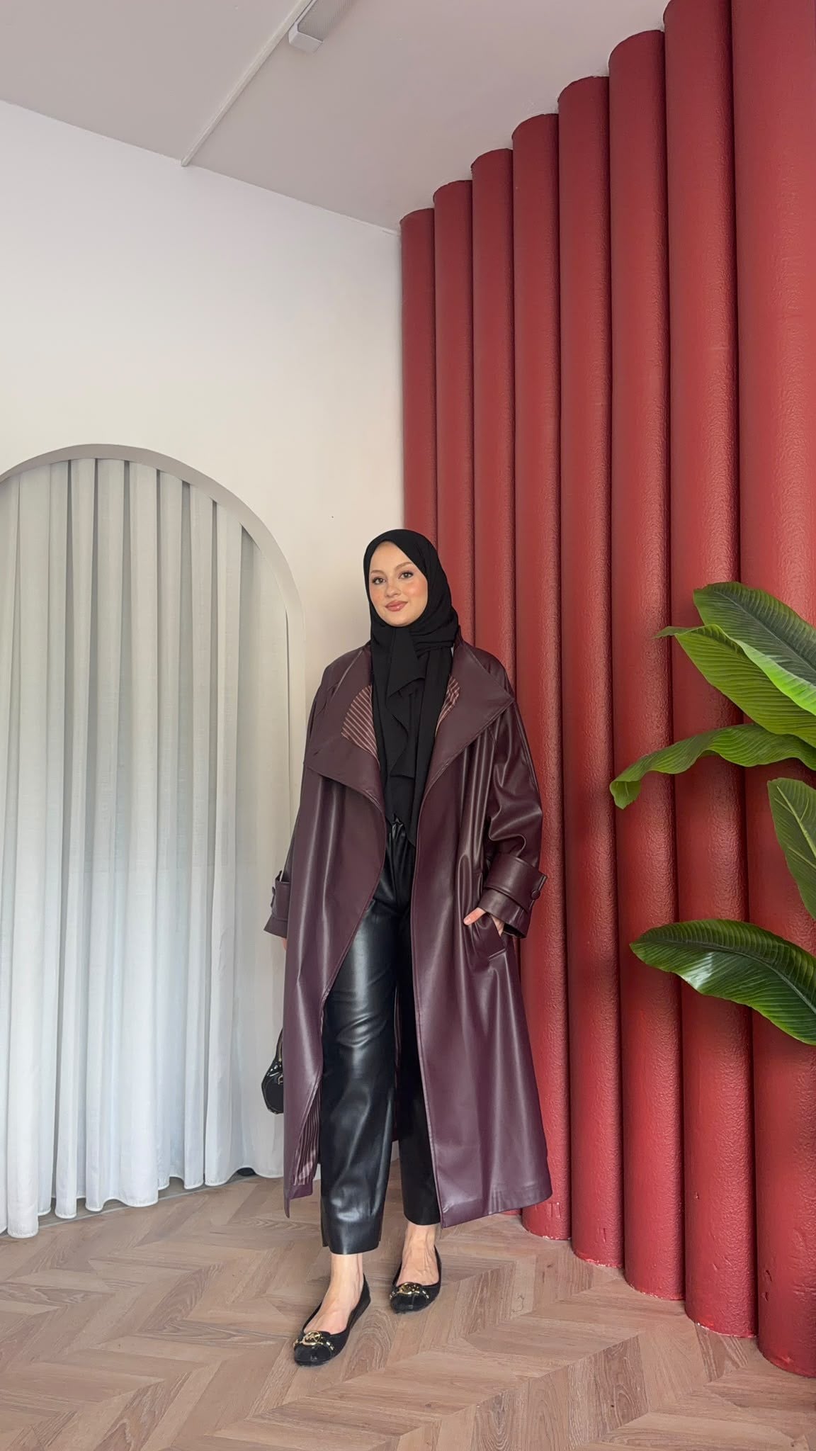 MEYSADESIGN TRENCKOT Asimetrik Deri Trençkot Mürdüm