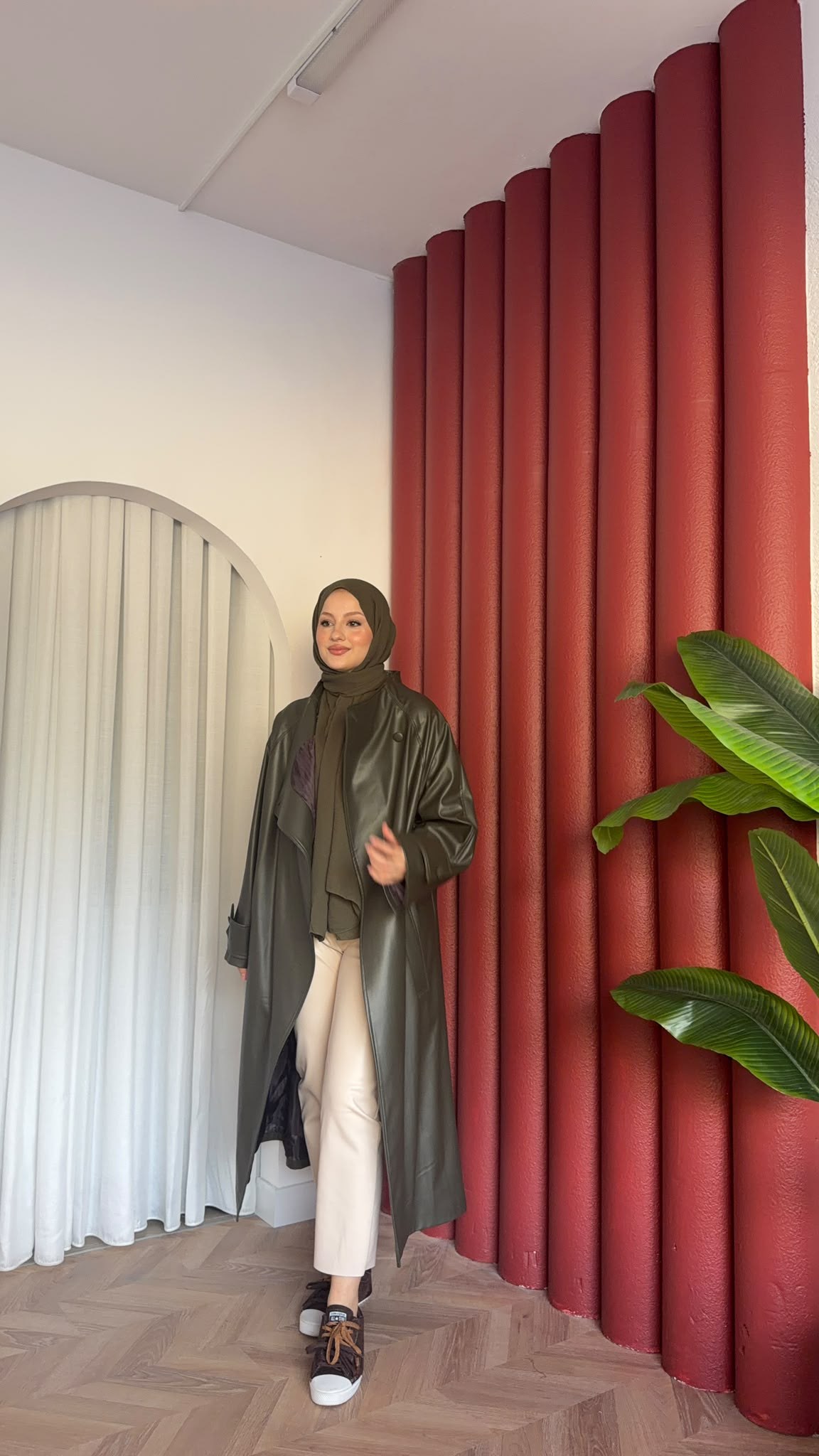 MEYSADESIGN TRENCKOT Asimetrik Deri Trençkot Haki