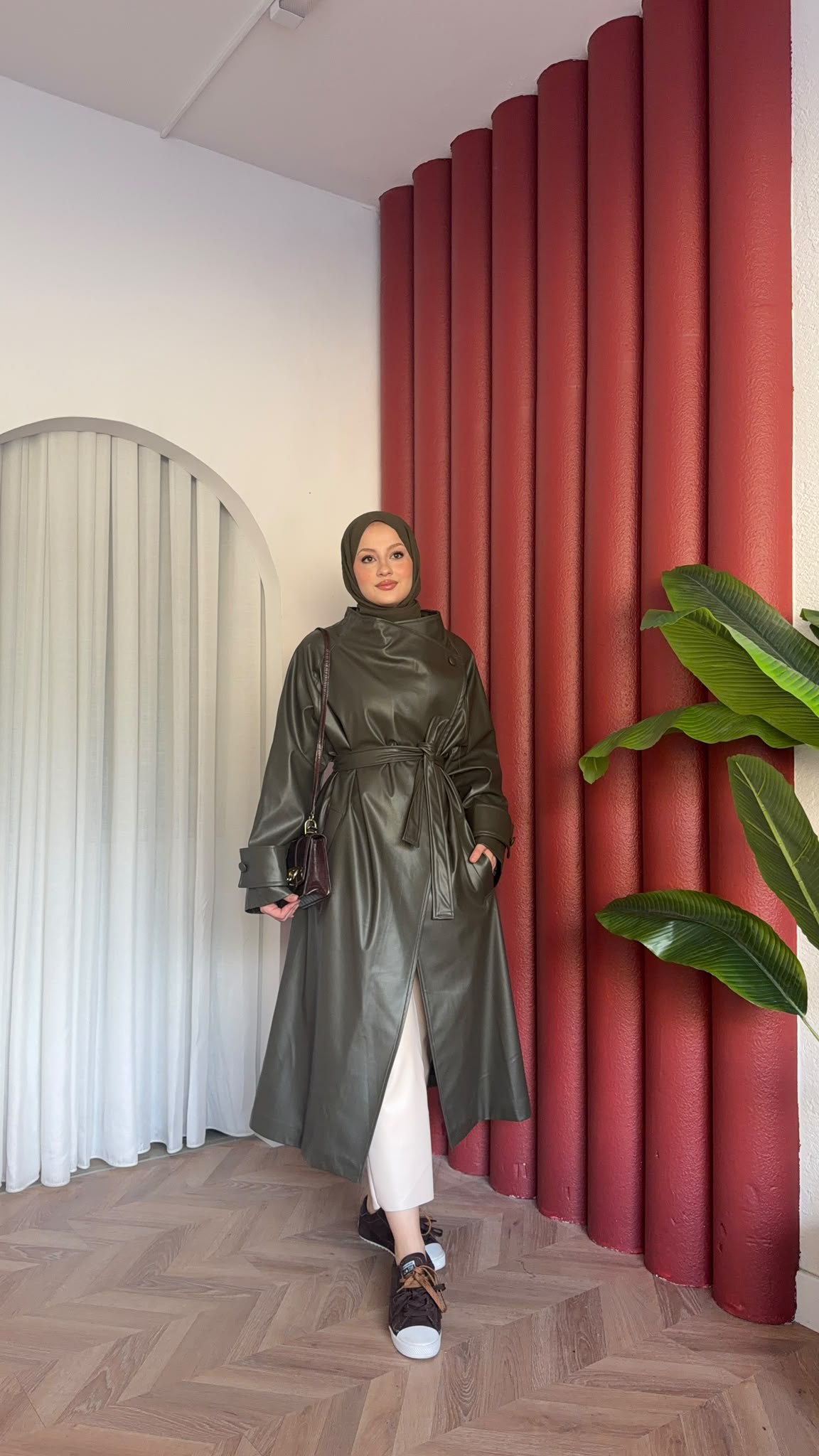 MEYSADESIGN TRENCKOT Asimetrik Deri Trençkot Haki