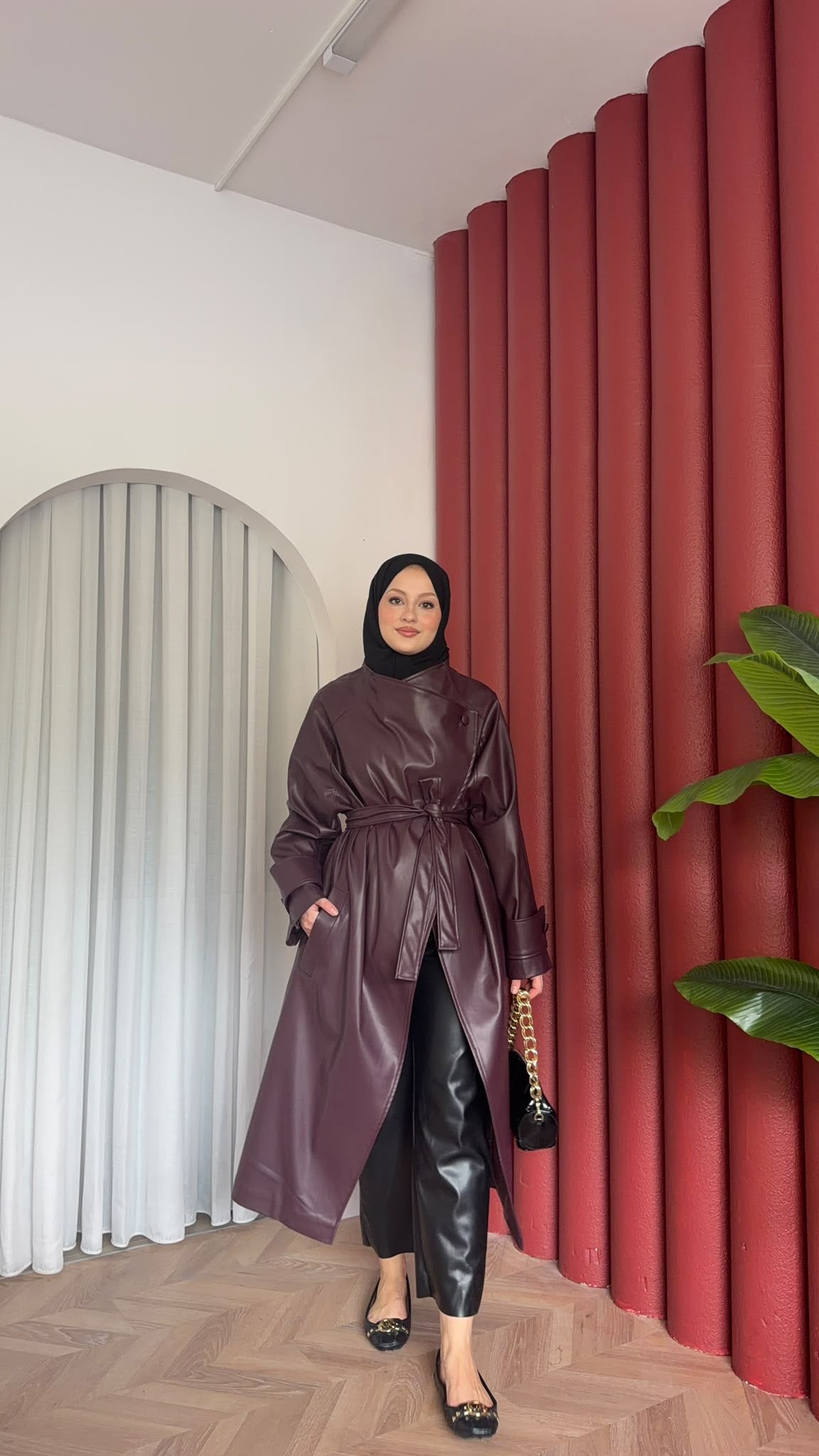 MEYSADESIGN TRENCKOT Asimetrik Deri Trençkot Mürdüm