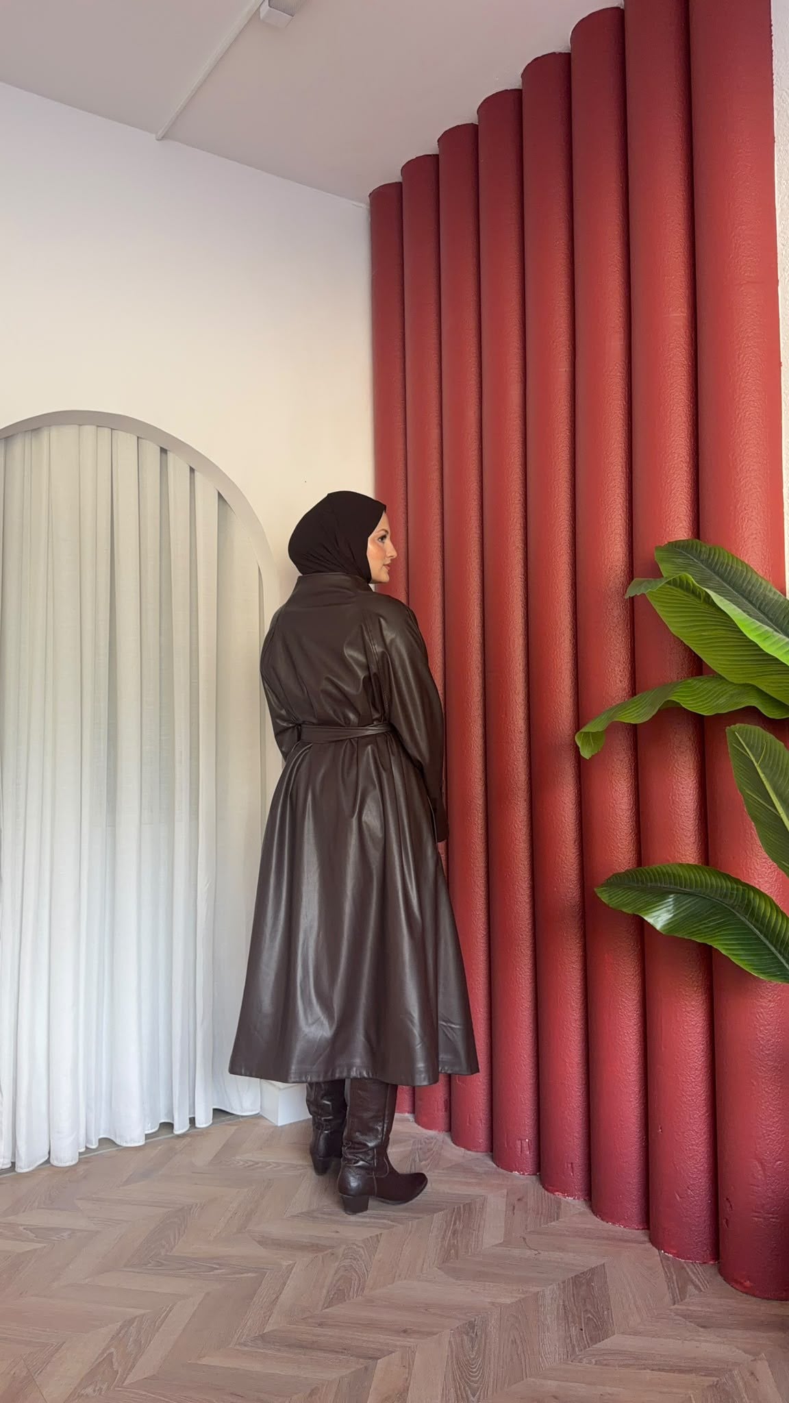MEYSADESIGN TRENCKOT Asimetrik Deri Trençkot Acı Kahve