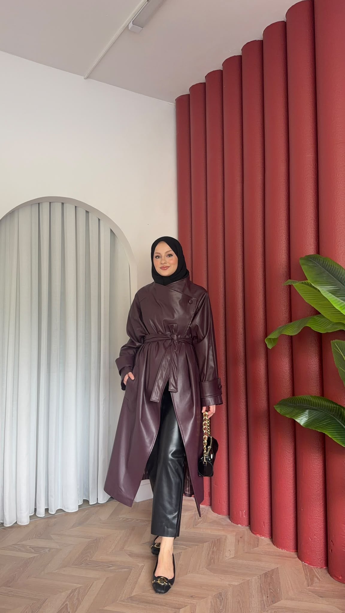 MEYSADESIGN TRENCKOT Asimetrik Deri Trençkot Mürdüm