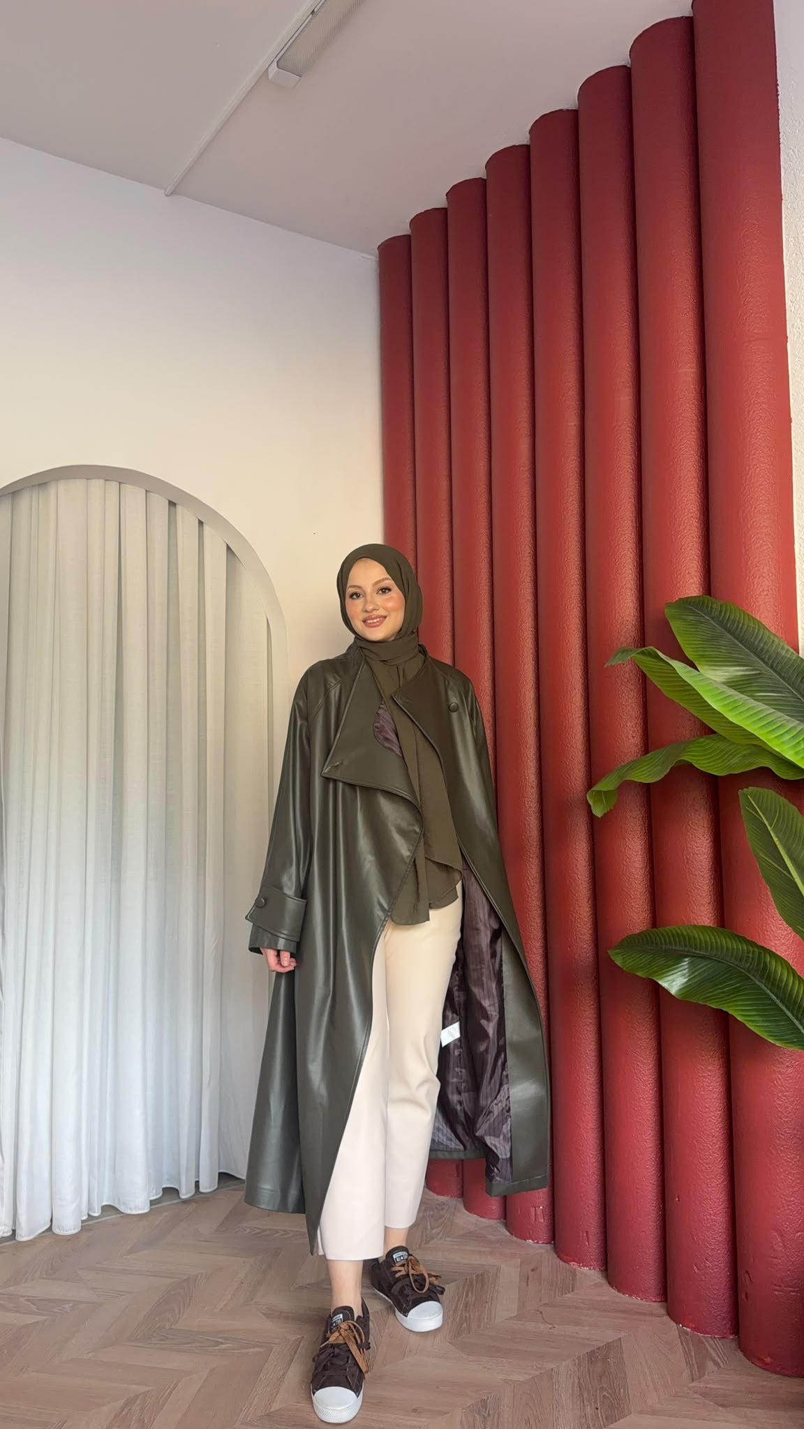 MEYSADESIGN TRENCKOT Asimetrik Deri Trençkot Haki