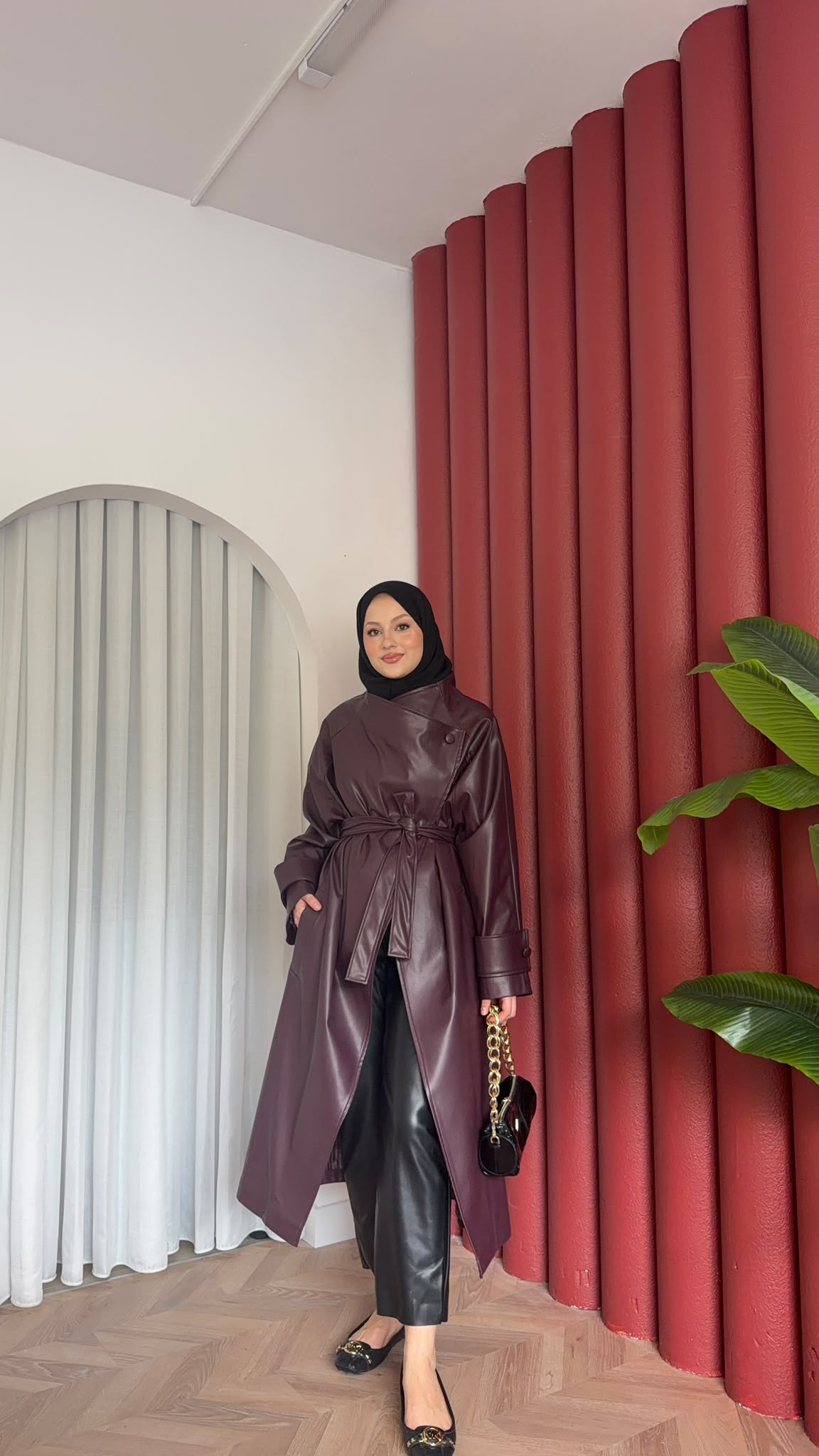 MEYSADESIGN TRENCKOT Asimetrik Deri Trençkot Mürdüm