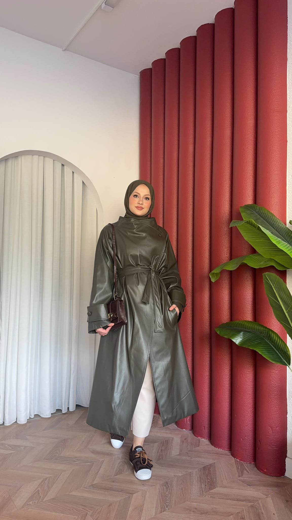 MEYSADESIGN TRENCKOT Asimetrik Deri Trençkot Haki