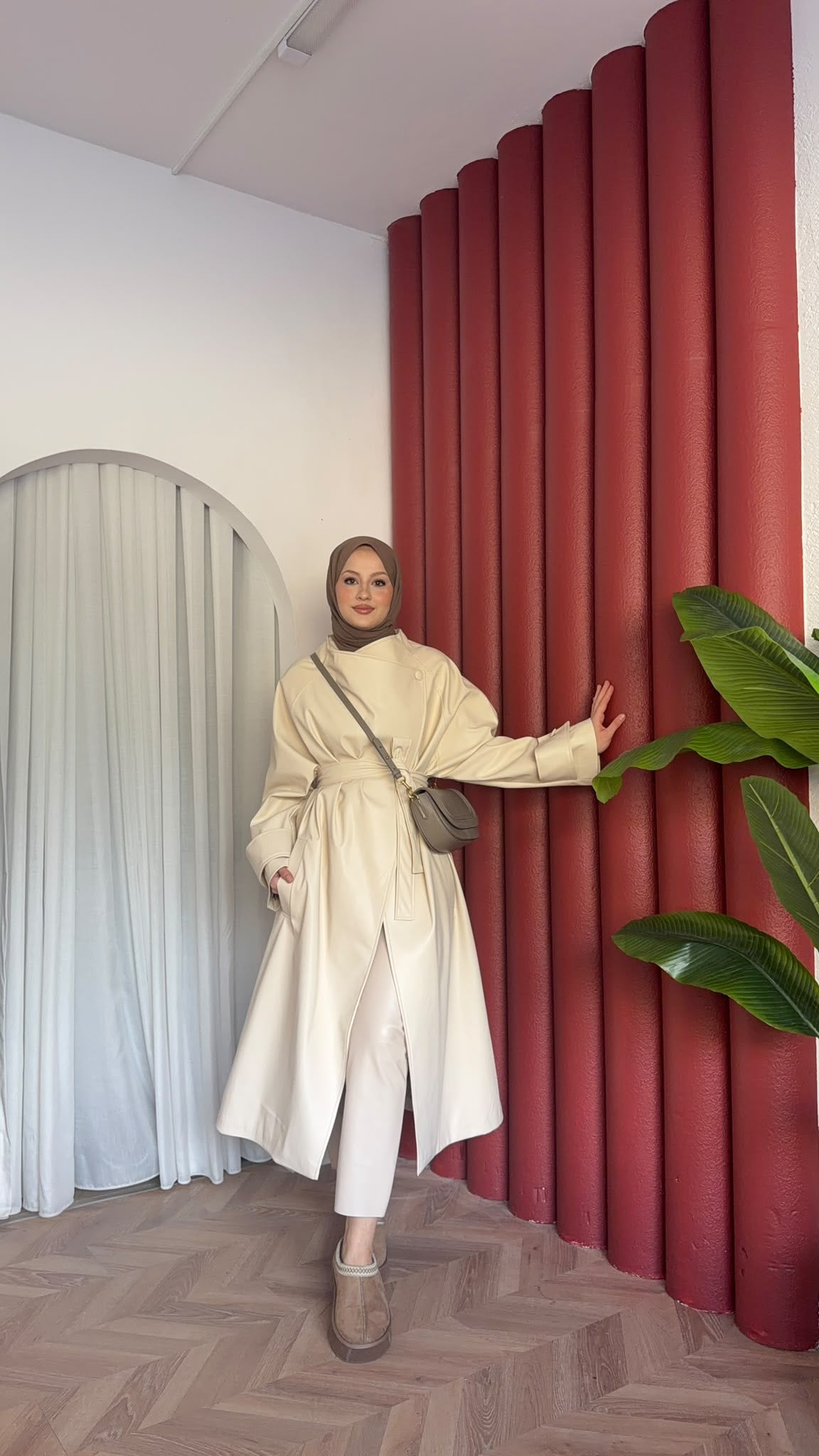 MEYSADESIGN TRENCKOT Asimetrik Deri Trençkot Bej