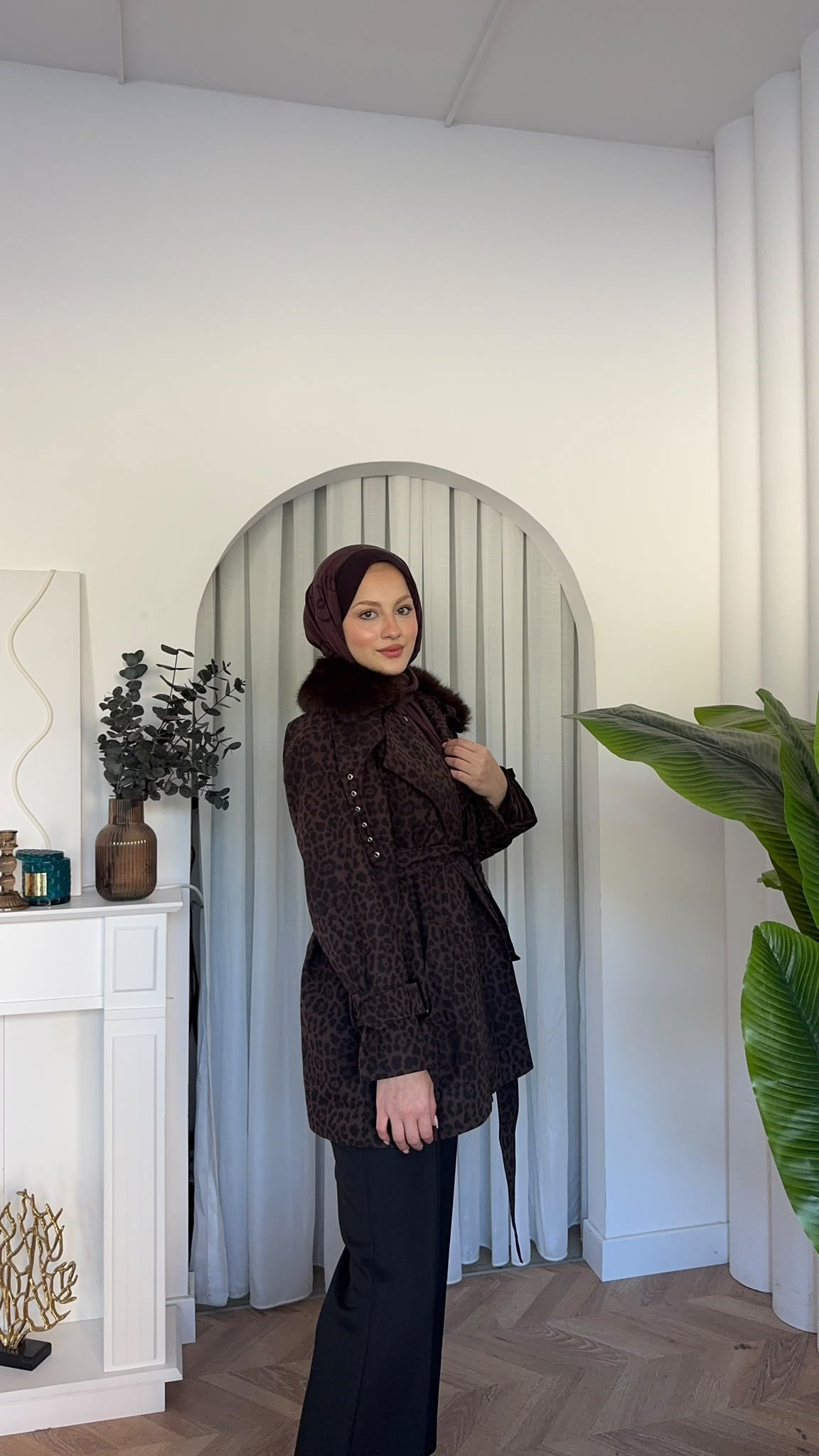 MEYSADESIGN TRENCKOT İnna Leopar Desenli Kürk Yakalı Trençkot