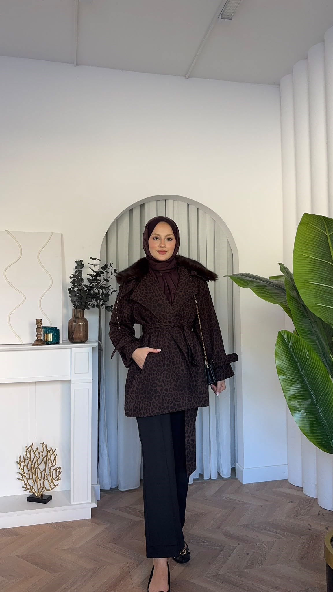 MEYSADESIGN TRENCKOT İnna Leopar Desenli Kürk Yakalı Trençkot