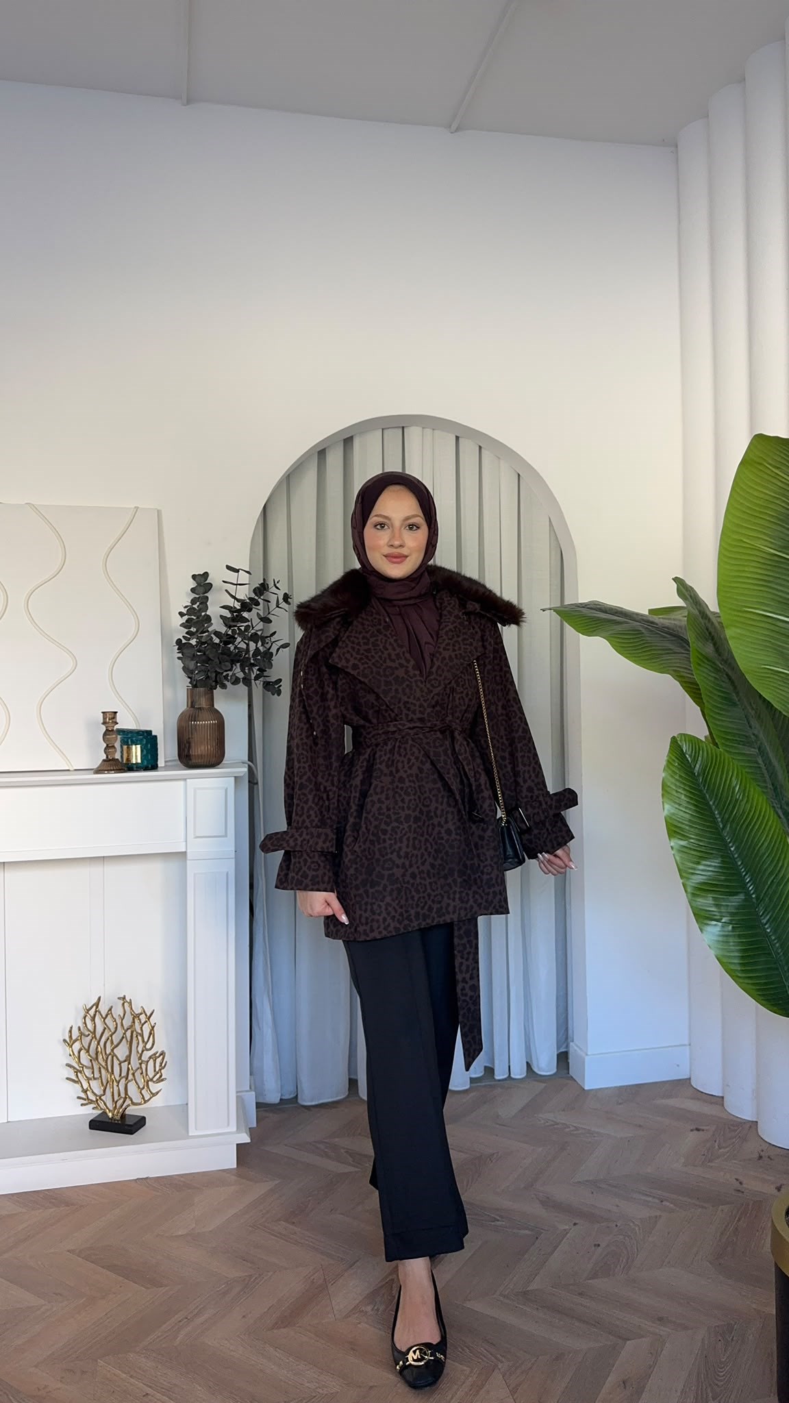 MEYSADESIGN TRENCKOT İnna Leopar Desenli Kürk Yakalı Trençkot