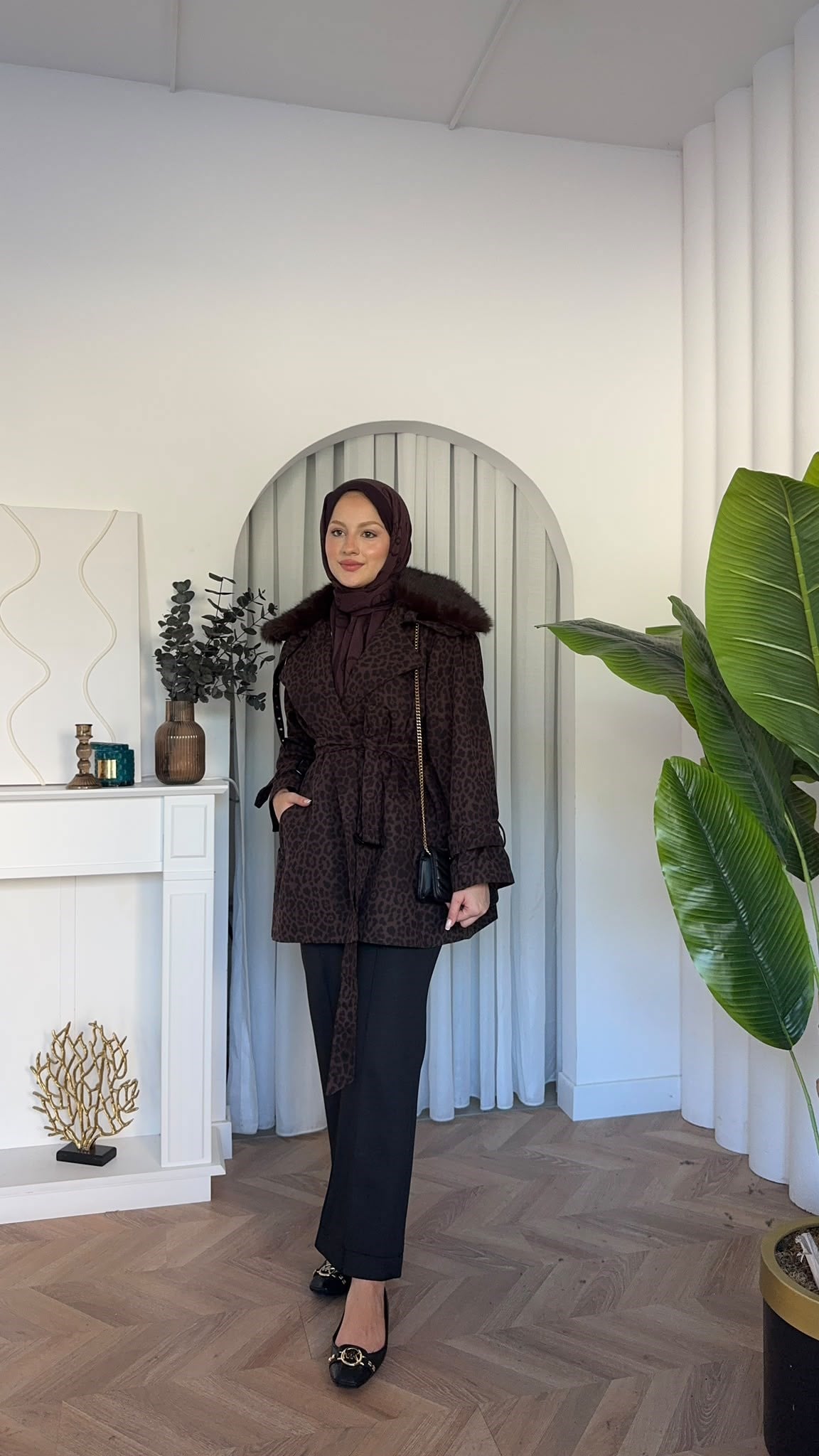 MEYSADESIGN TRENCKOT İnna Leopar Desenli Kürk Yakalı Trençkot