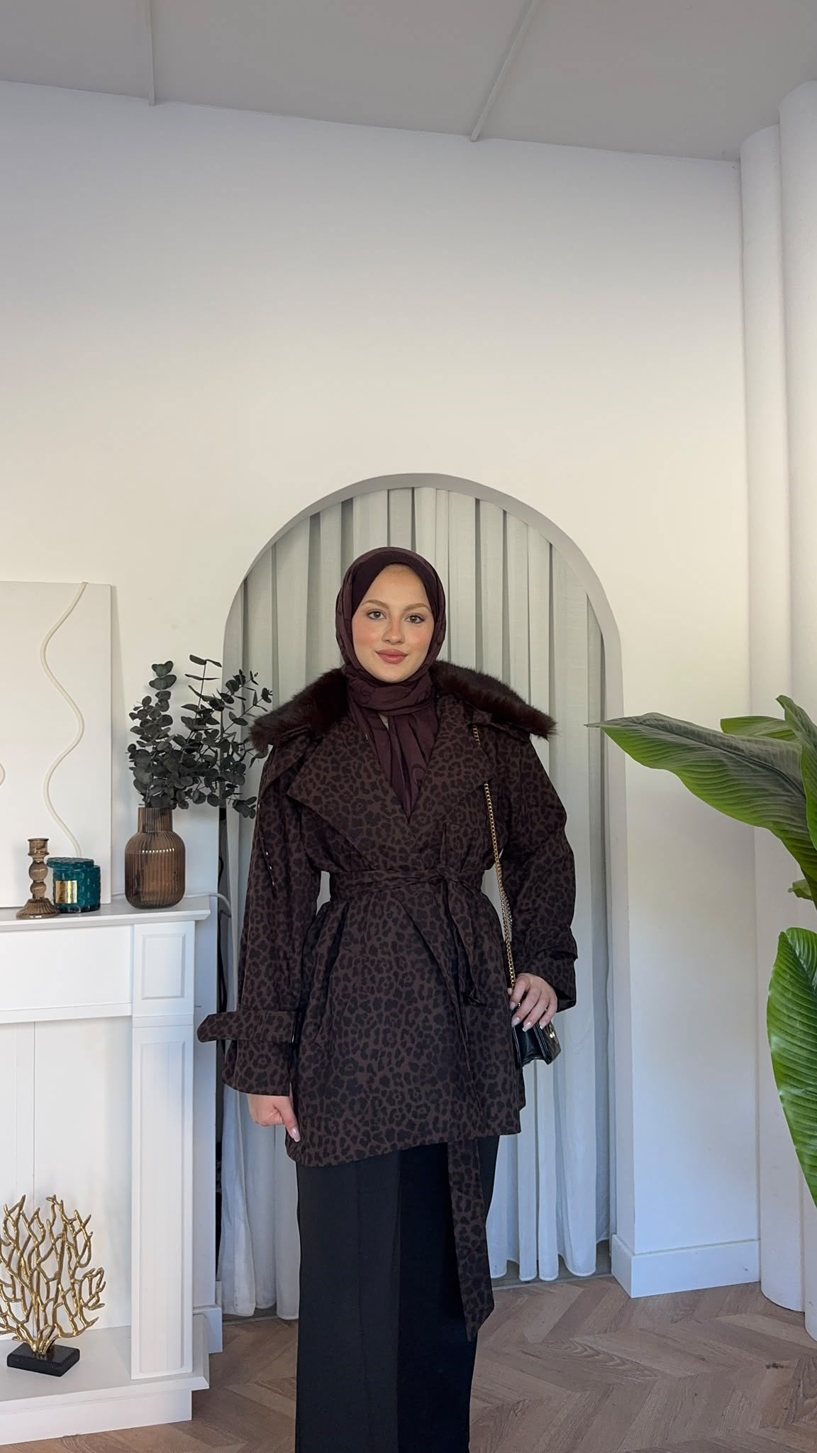 MEYSADESIGN TRENCKOT İnna Leopar Desenli Kürk Yakalı Trençkot