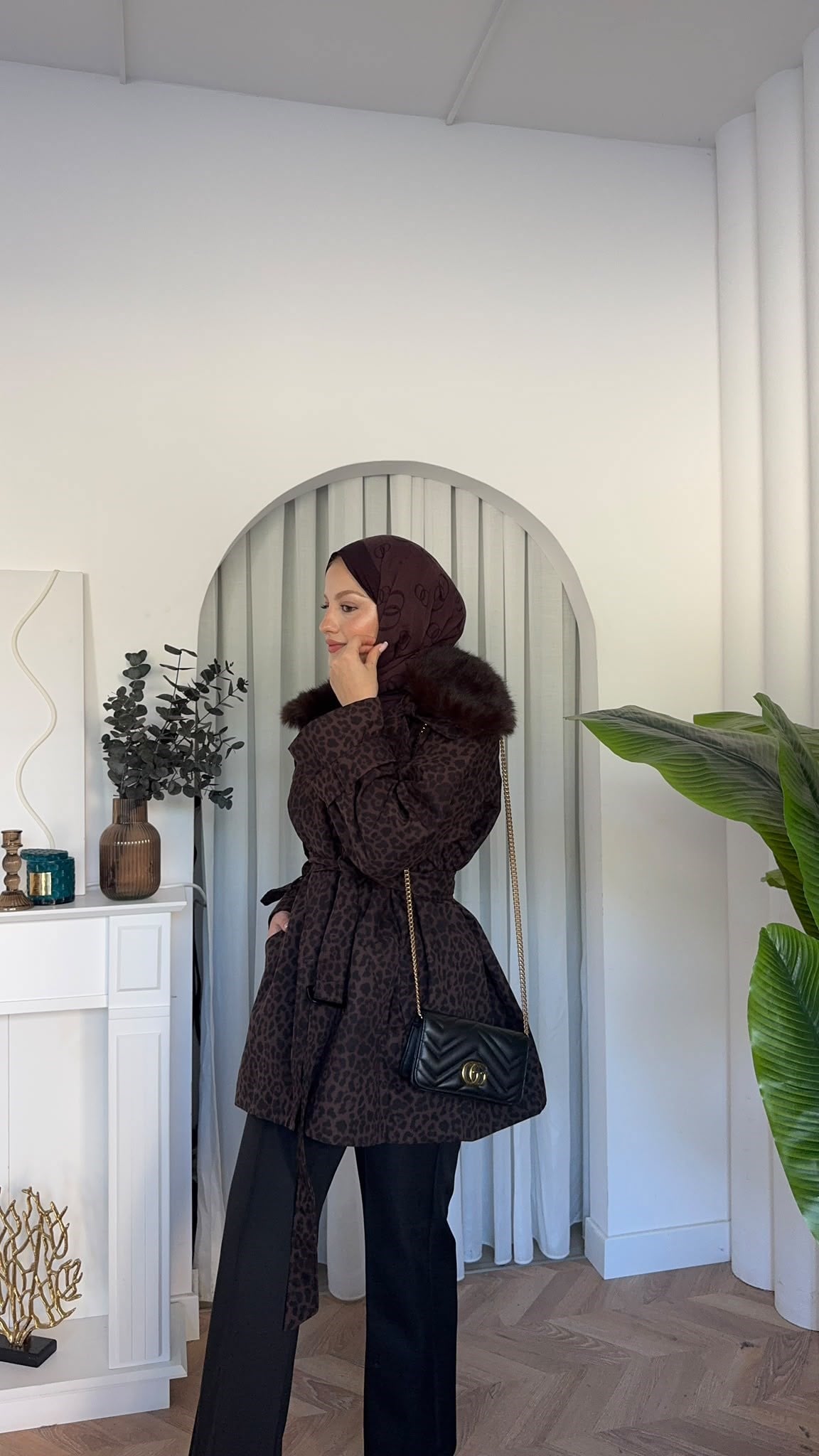 MEYSADESIGN TRENCKOT İnna Leopar Desenli Kürk Yakalı Trençkot