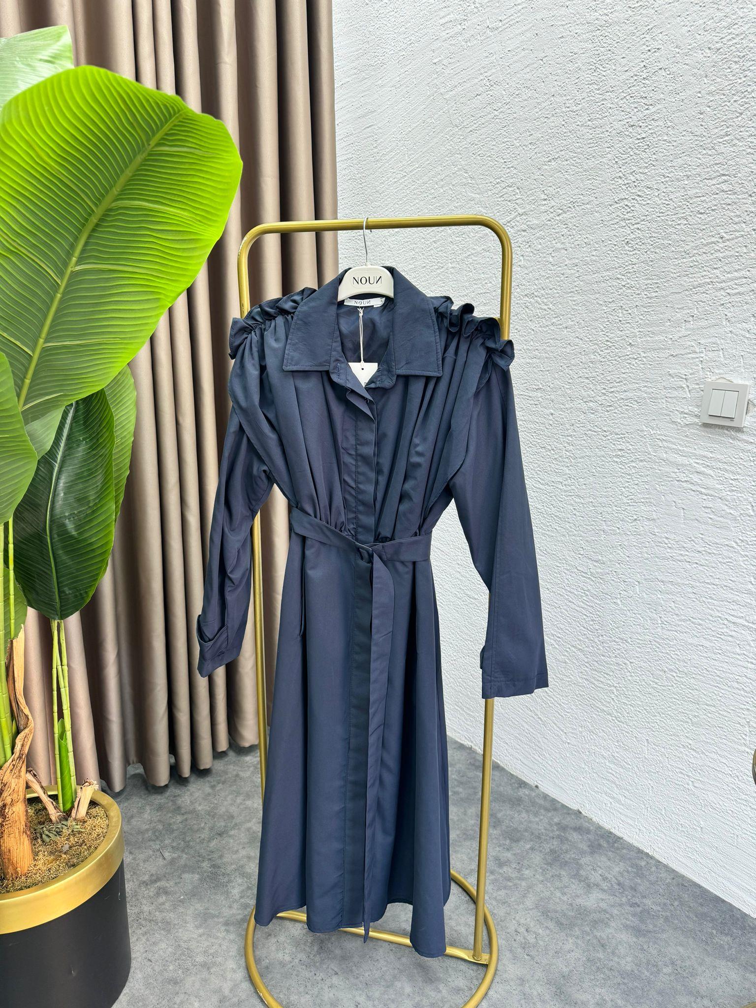 MEYSADESIGN TRENCKOT Omuz Detaylı Astarlı Premium Trenckot Lacivert