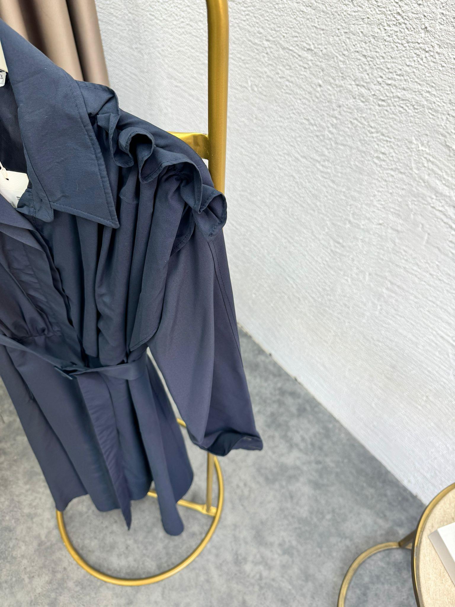 MEYSADESIGN TRENCKOT Omuz Detaylı Astarlı Premium Trenckot Lacivert