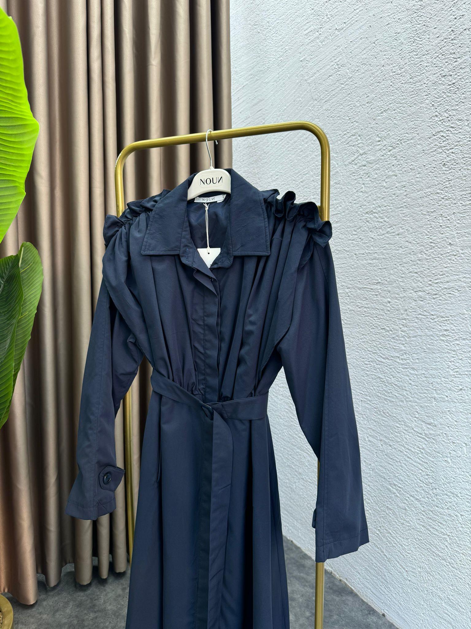 MEYSADESIGN TRENCKOT Omuz Detaylı Astarlı Premium Trenckot Lacivert