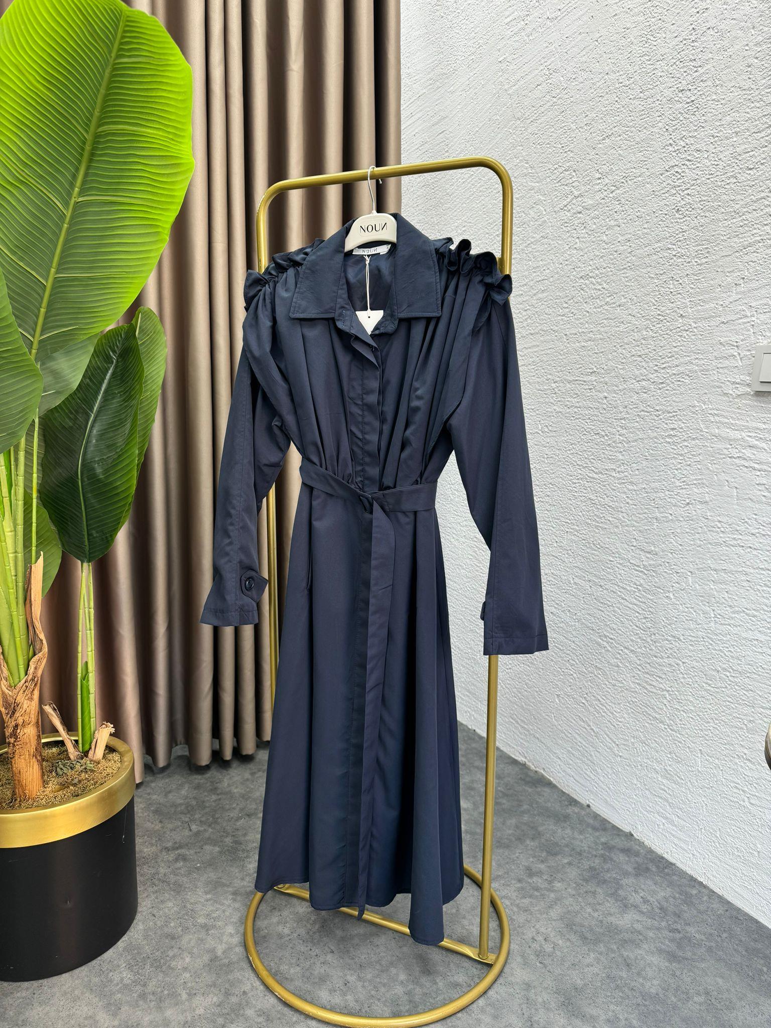 MEYSADESIGN TRENCKOT Omuz Detaylı Astarlı Premium Trenckot Lacivert