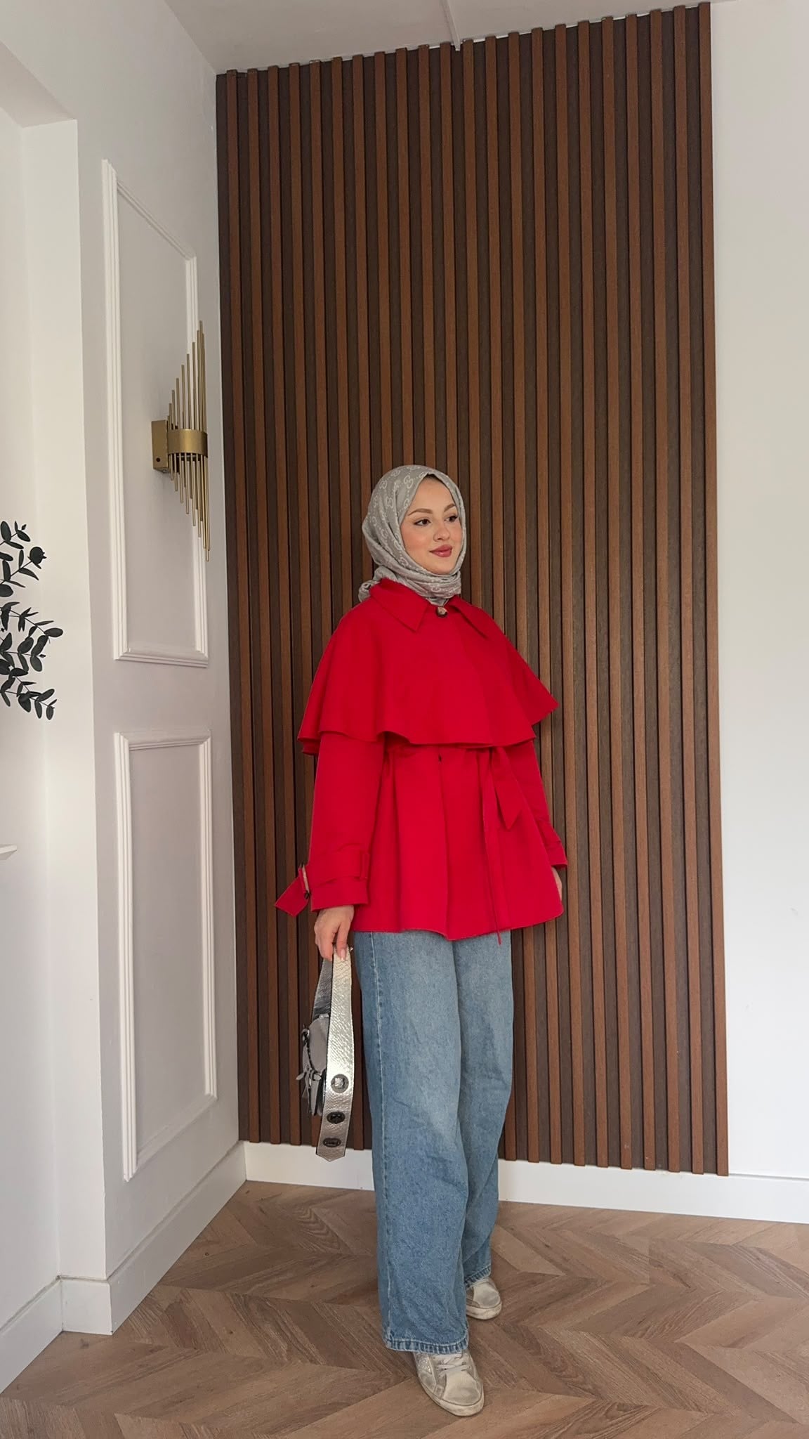 MEYSADESIGN TRENCKOT Pelerin Detaylı Gabardin Trençkot Kırmızı