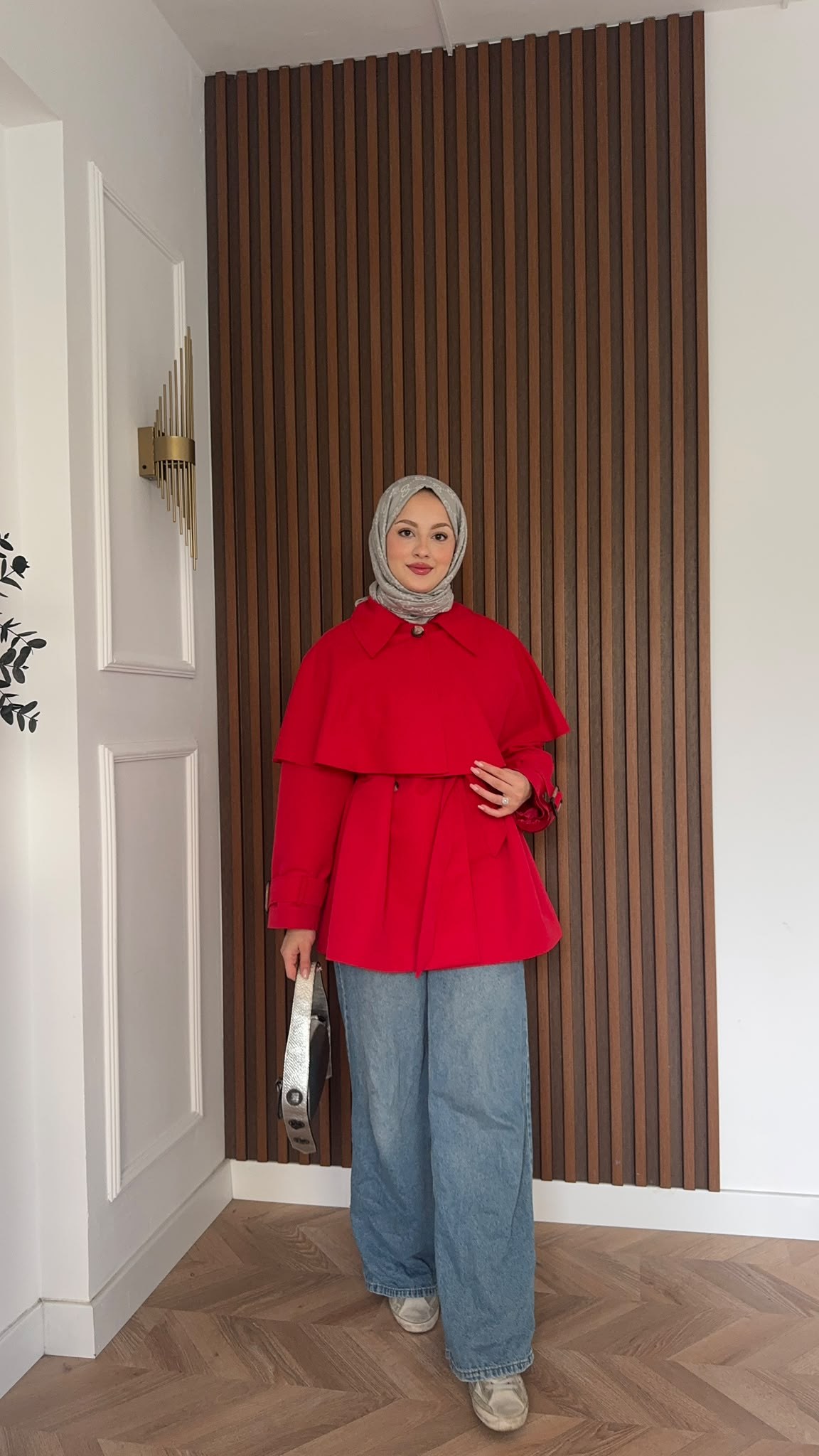 MEYSADESIGN TRENCKOT Pelerin Detaylı Gabardin Trençkot Kırmızı