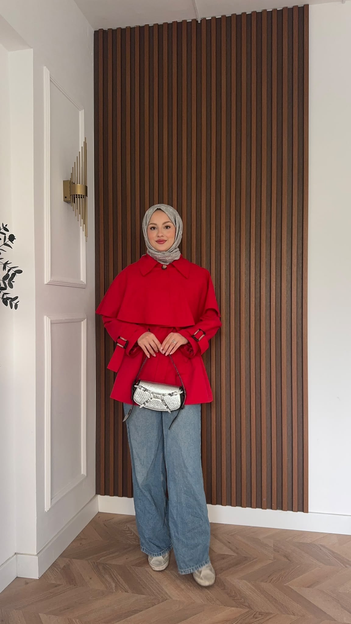 MEYSADESIGN TRENCKOT Pelerin Detaylı Gabardin Trençkot Kırmızı