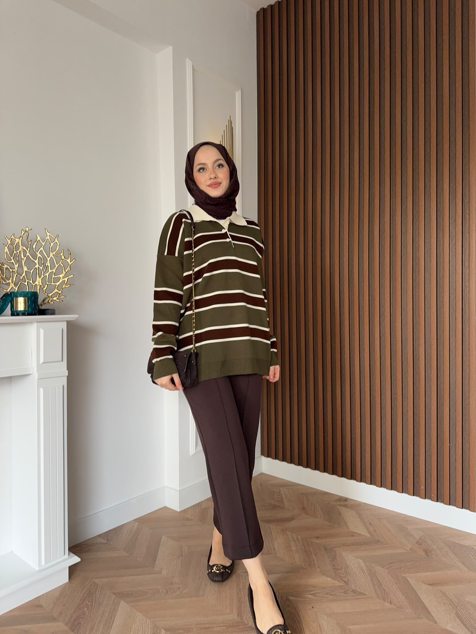 MEYSADESIGN TRİKO KAZAK Çizgili Triko Kazak Haki Kahve
