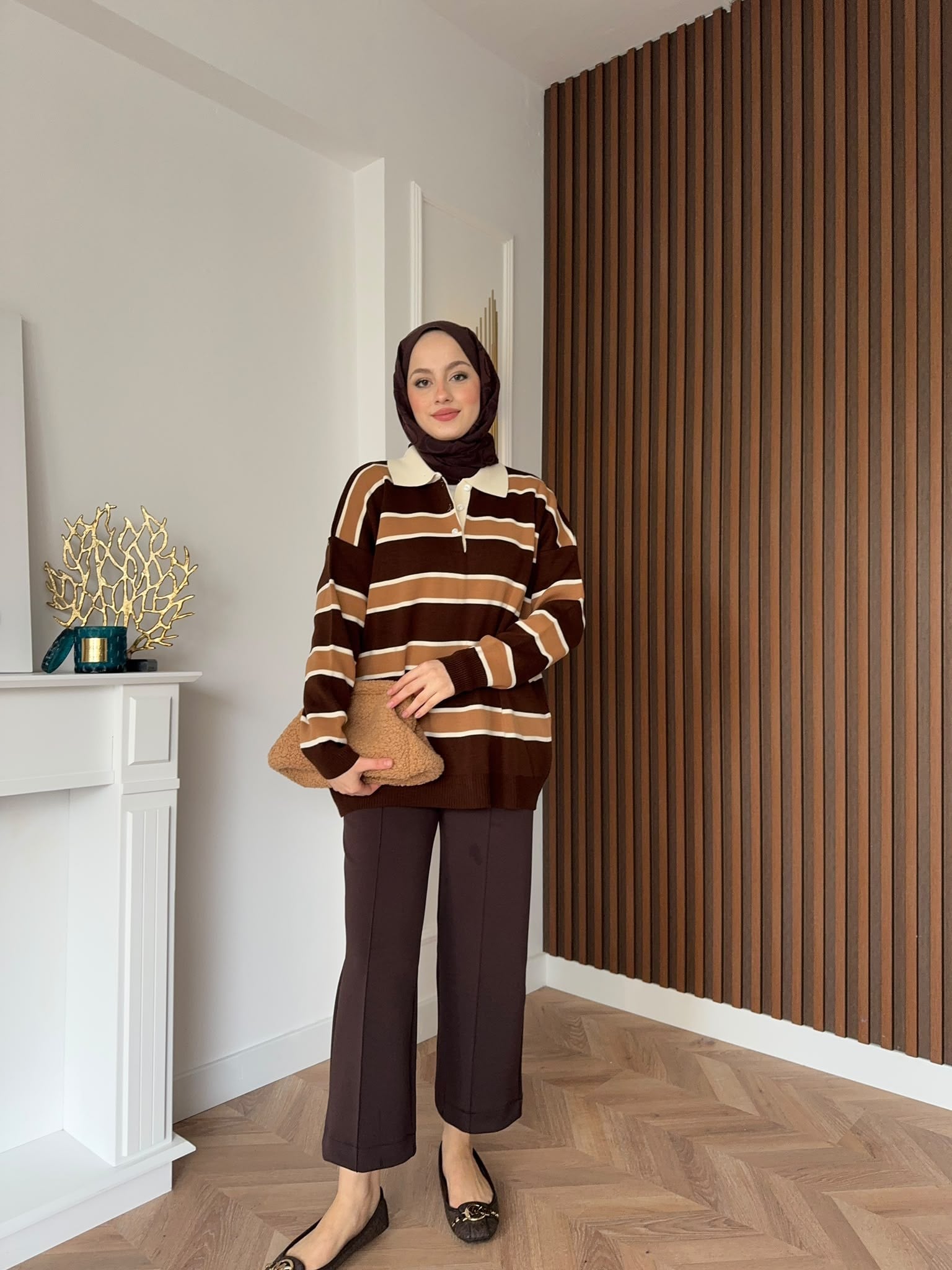 MEYSADESIGN TRİKO KAZAK Çizgili Triko Kazak Kahve Vizon
