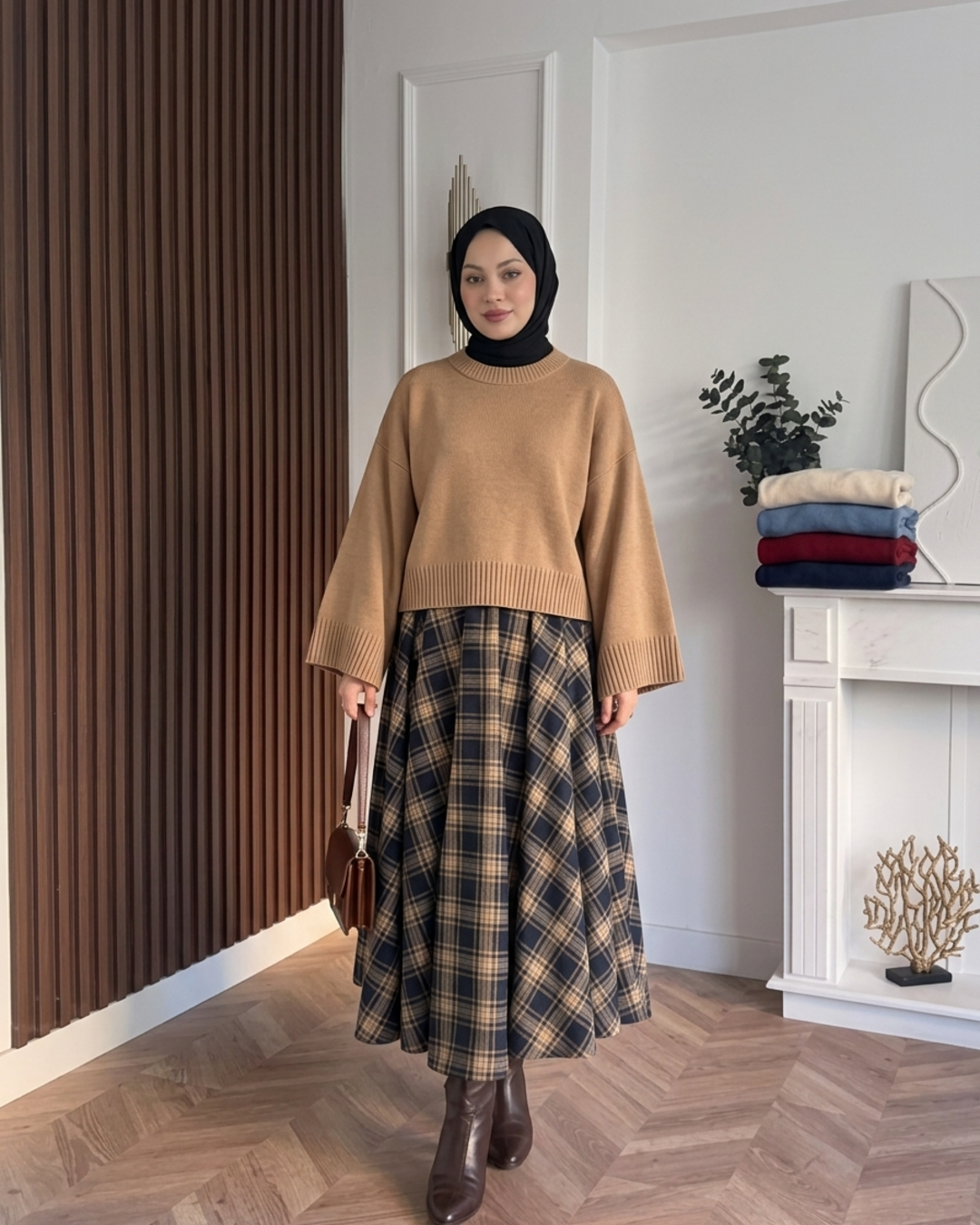 MEYSADESIGN TRİKO KAZAK Crop Etek Üstü Kazak Sütlü Kahve