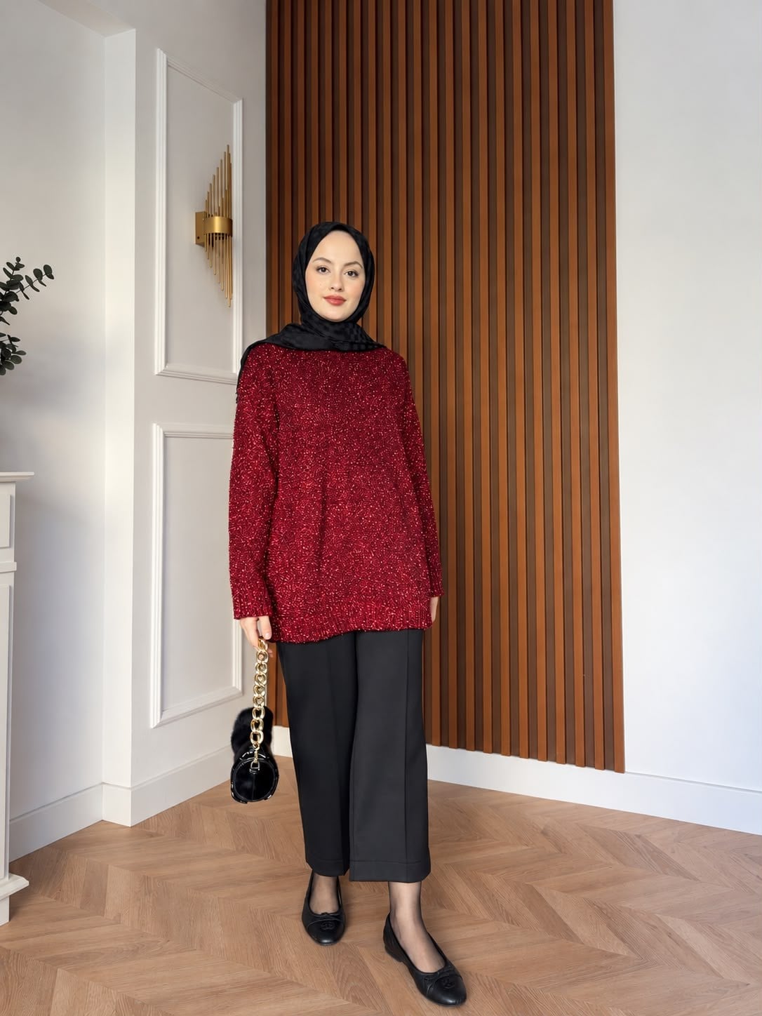 MEYSADESIGN TRİKO KAZAK Simli Triko Kazak Bordo