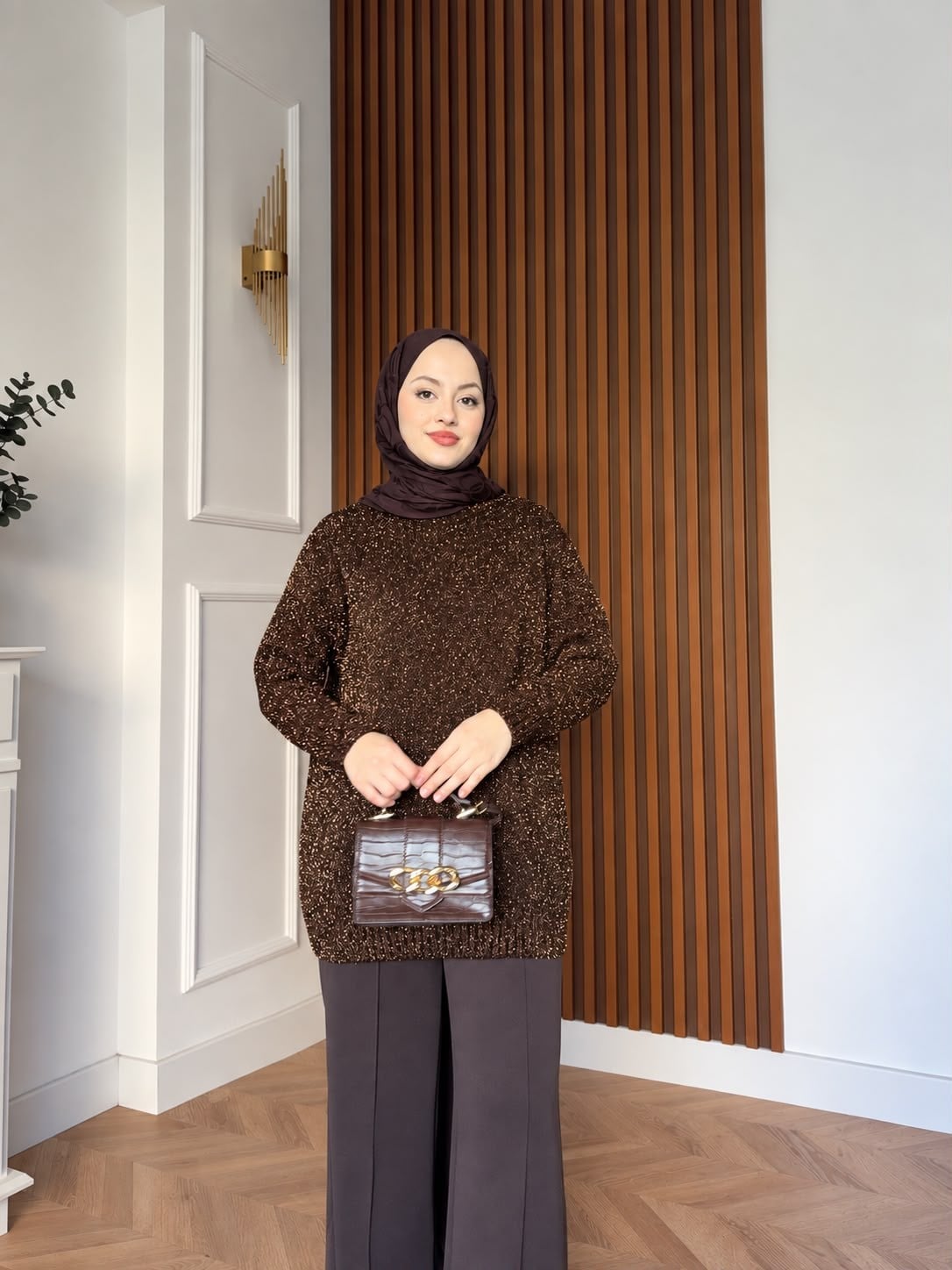 MEYSADESIGN TRİKO KAZAK Simli Triko Kazak Acı Kahve