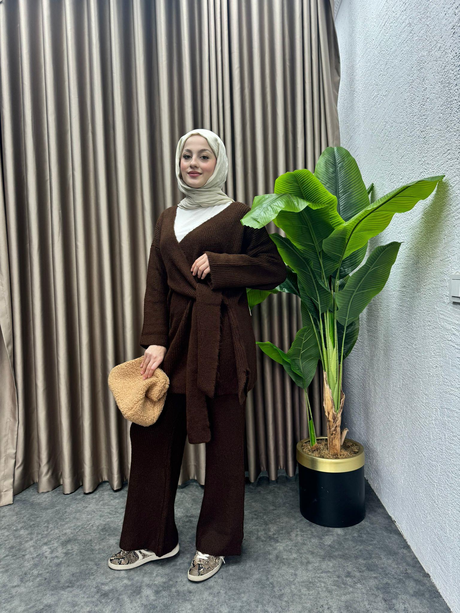 MEYSADESIGN TRİKO TAKIM Bağlamalı Premium Triko Takım Kahve