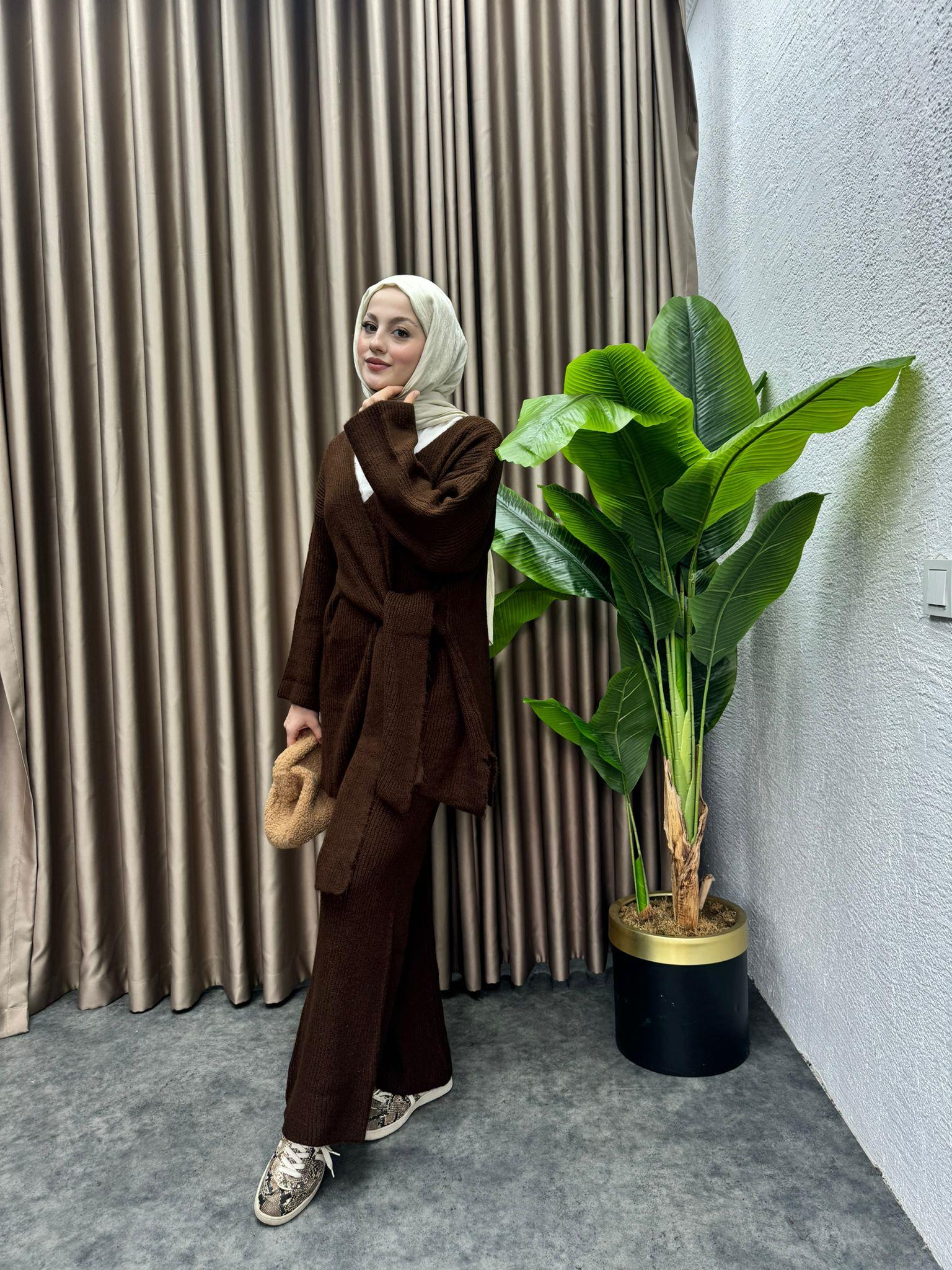 MEYSADESIGN TRİKO TAKIM Bağlamalı Premium Triko Takım Kahve