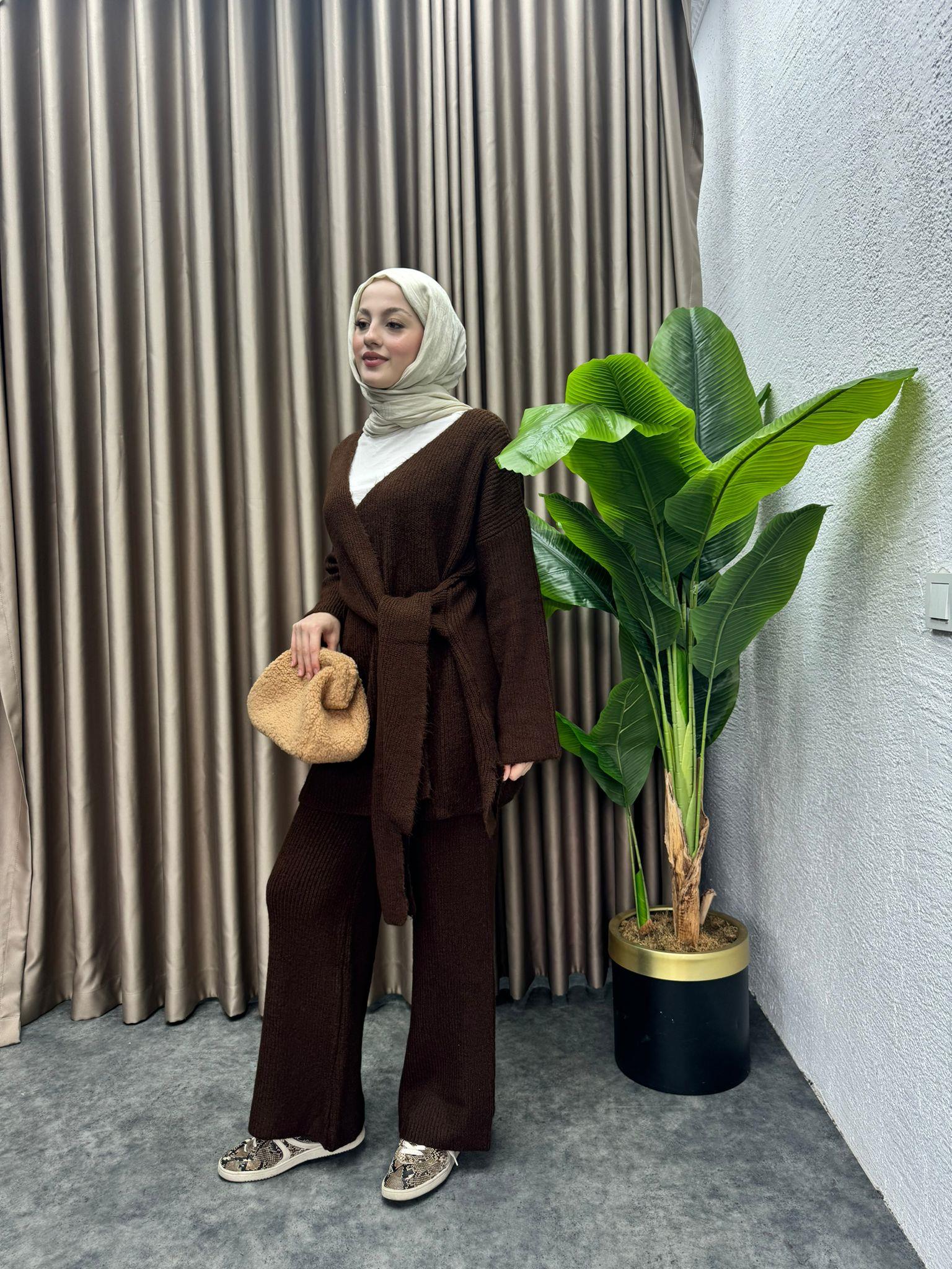 MEYSADESIGN TRİKO TAKIM Bağlamalı Premium Triko Takım Kahve