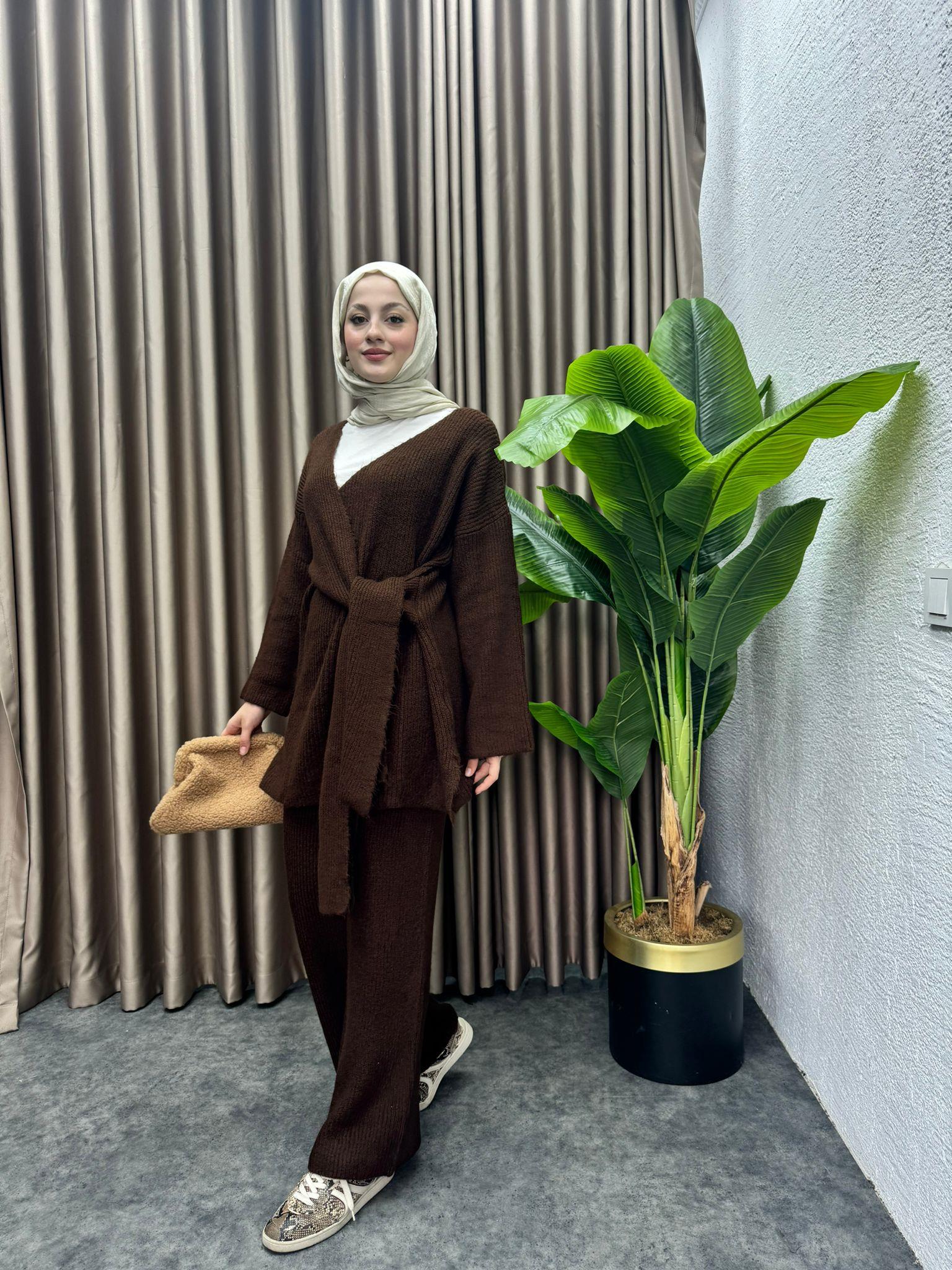 MEYSADESIGN TRİKO TAKIM Bağlamalı Premium Triko Takım Kahve