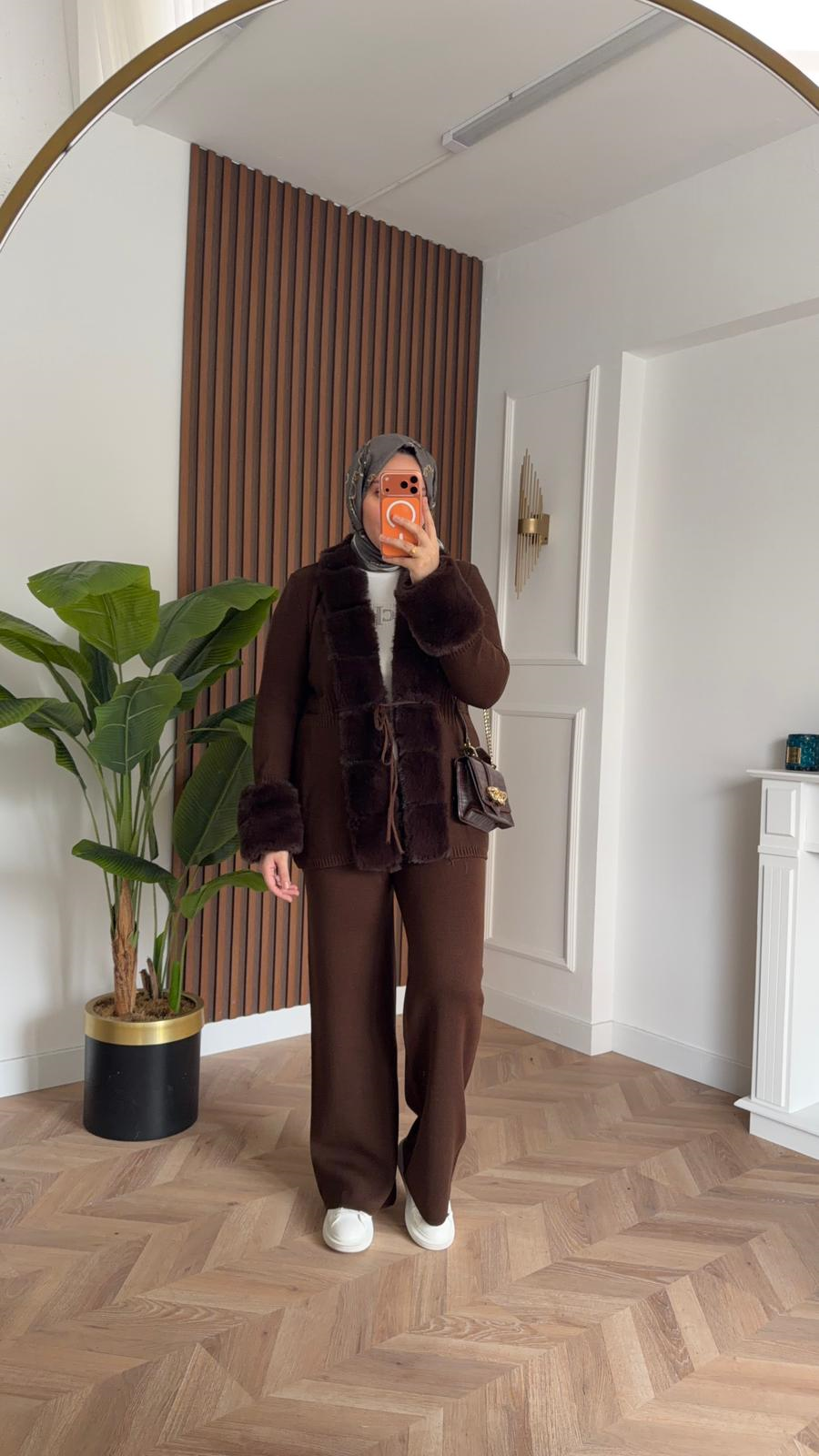 MEYSADESIGN TRİKO TAKIM Begonvil Kürklü Triko İkili Takım Acı Kahve