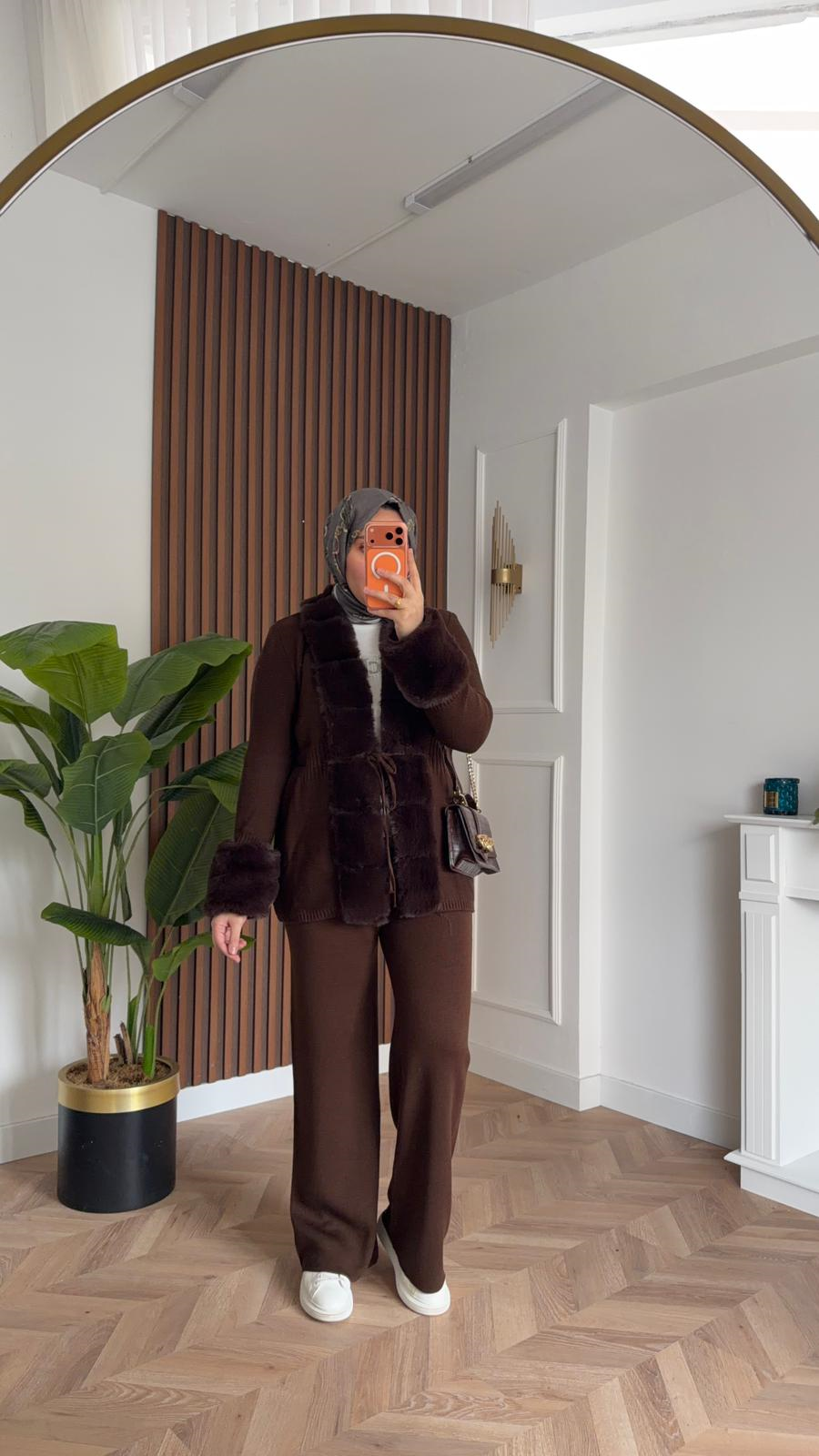 MEYSADESIGN TRİKO TAKIM Begonvil Kürklü Triko İkili Takım Acı Kahve