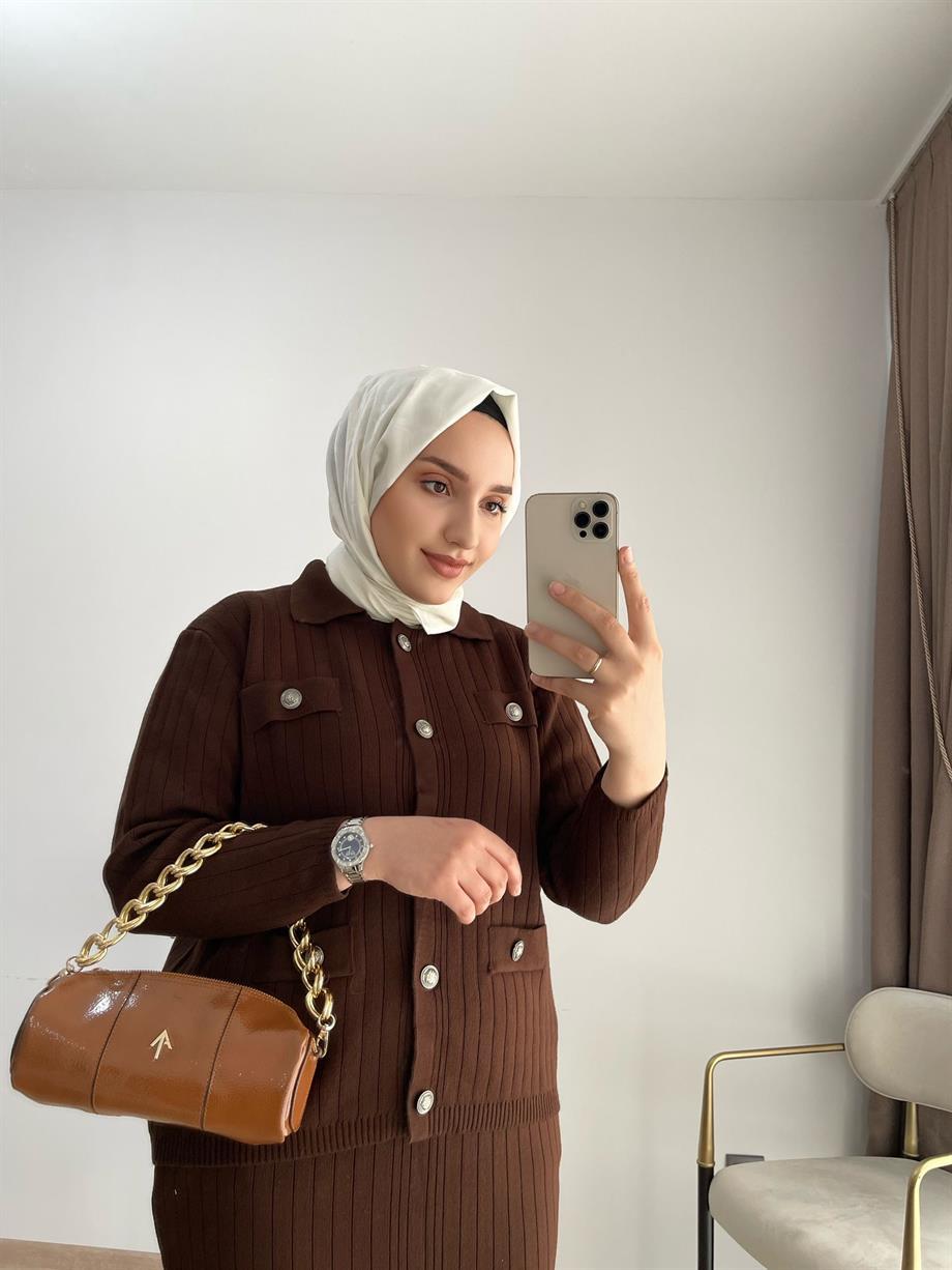 MEYSADESIGN TRİKO TAKIM Sare Triko Etekli Takım Acı Kahve