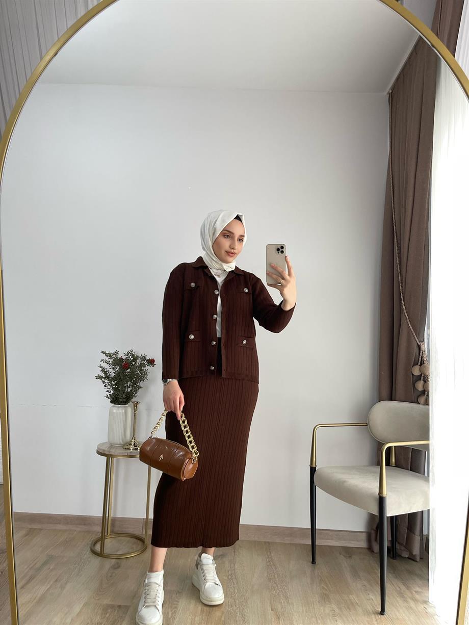 MEYSADESIGN TRİKO TAKIM Sare Triko Etekli Takım Acı Kahve