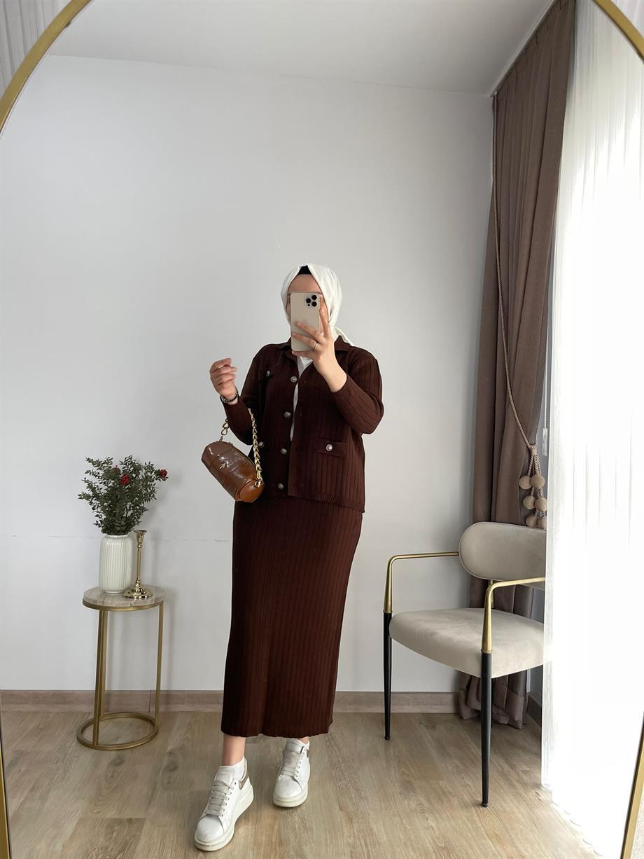 MEYSADESIGN TRİKO TAKIM Sare Triko Etekli Takım Acı Kahve