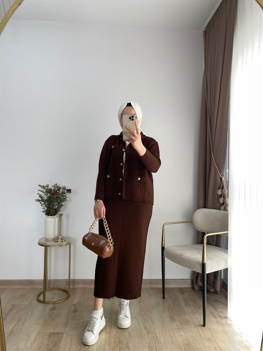 MEYSADESIGN TRİKO TAKIM Sare Triko Etekli Takım Acı Kahve